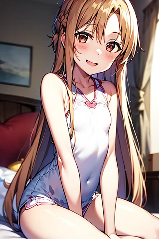 ((Best Quality)), ((masterpiece)), (be familiar with),  perfect face, indoor, bedroom,  watching viewers ,
One woman, Yuuki Asuna,
 open mouth , Ecstatic expression, blush, smile,
Small breasts,  flat chest, , ,  kids, Girl,
Long Hair,  long hair,
Leg spread,