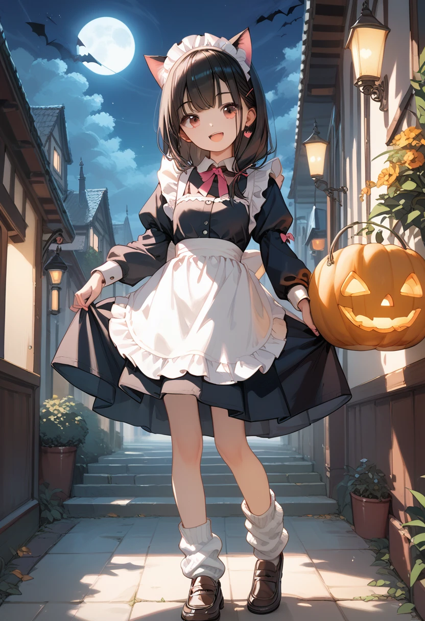 Score_9,Score_8_up,Score_7_up,highest quality anime,,masterpiece,1 girl,slim,small breasts,(Ideal slender proportions),(black_long_hair,straight_bangs,maid costume,cat ears,loose socks,loafers),happy Halloween night