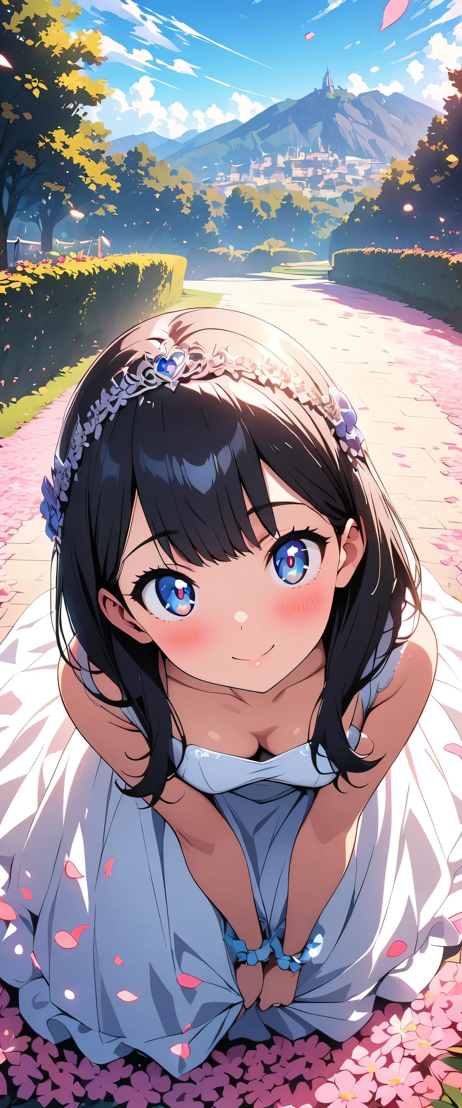 (beautiful girl:1.3),masterpiece,Please redeem,Ultra-high resolution,rich contrast,Very high quality,8k,Highly detailed CG unit wallpaper,Texture,So ridiculous,RAW Photos,Highest quality anime,anime-style illustration,Depth of written boundary 1.2,ultra-detailed eyes,Glowing Skin,Glitter Effect,Beautiful glossy lips,(Wedding Dresses:1.5),Takarada Rikka, , black hair, blue eyes,long hair, bangs,Flower Field,Leaning forward,butterflies in flowerbed,petals dancing in the wind,smile, closed mouth,blush,Looking up,Embarrassing,Tilt your head 