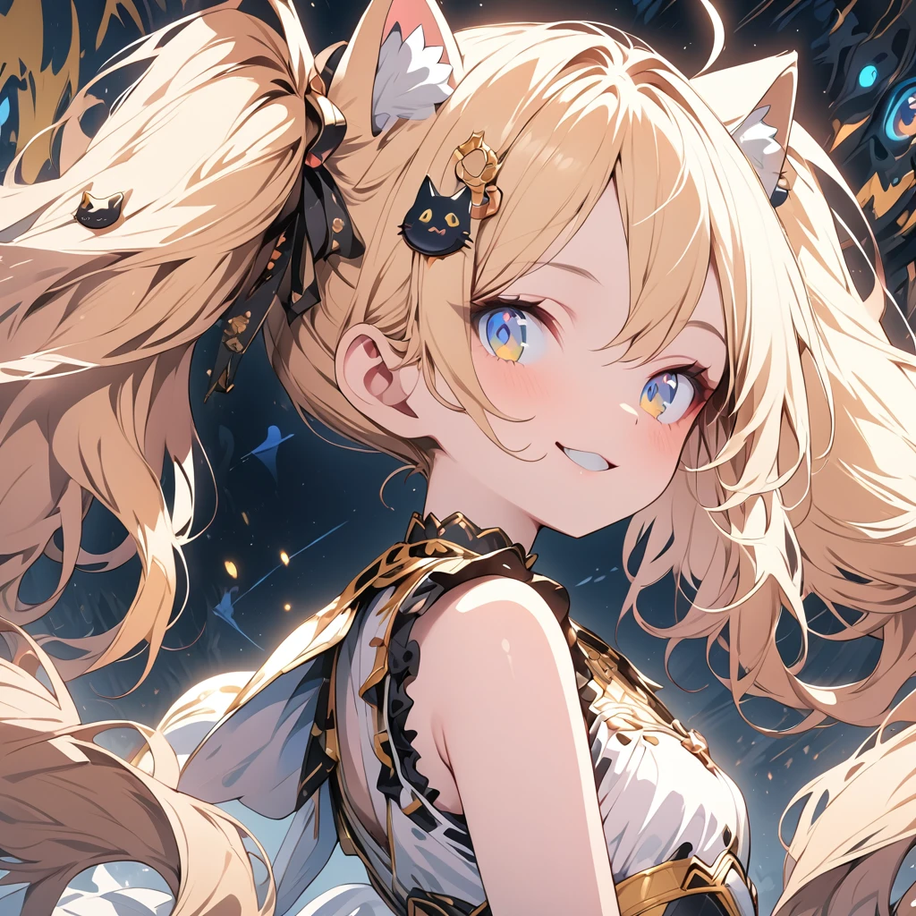 Absurd,anime,Detailed and beautiful eyes,(art),(artistic clothing:1.5),Cat costume,HEART,sleeveless,Blonde, twin tails,smile,(a girl:1.5),from the waist up,(small breasts:1.2),(small chest:1.2),mysterious,Hello,(Large detailed hair ornament:1.2),(look away:1.5),detailed clothes,Flashy Moves,Mechanical,masterpiece, moe kawaii,abyss,luster,lame,(ultra detailed:1.2), ((highest quality)) ,Extremely Delicately Beautiful ,64k