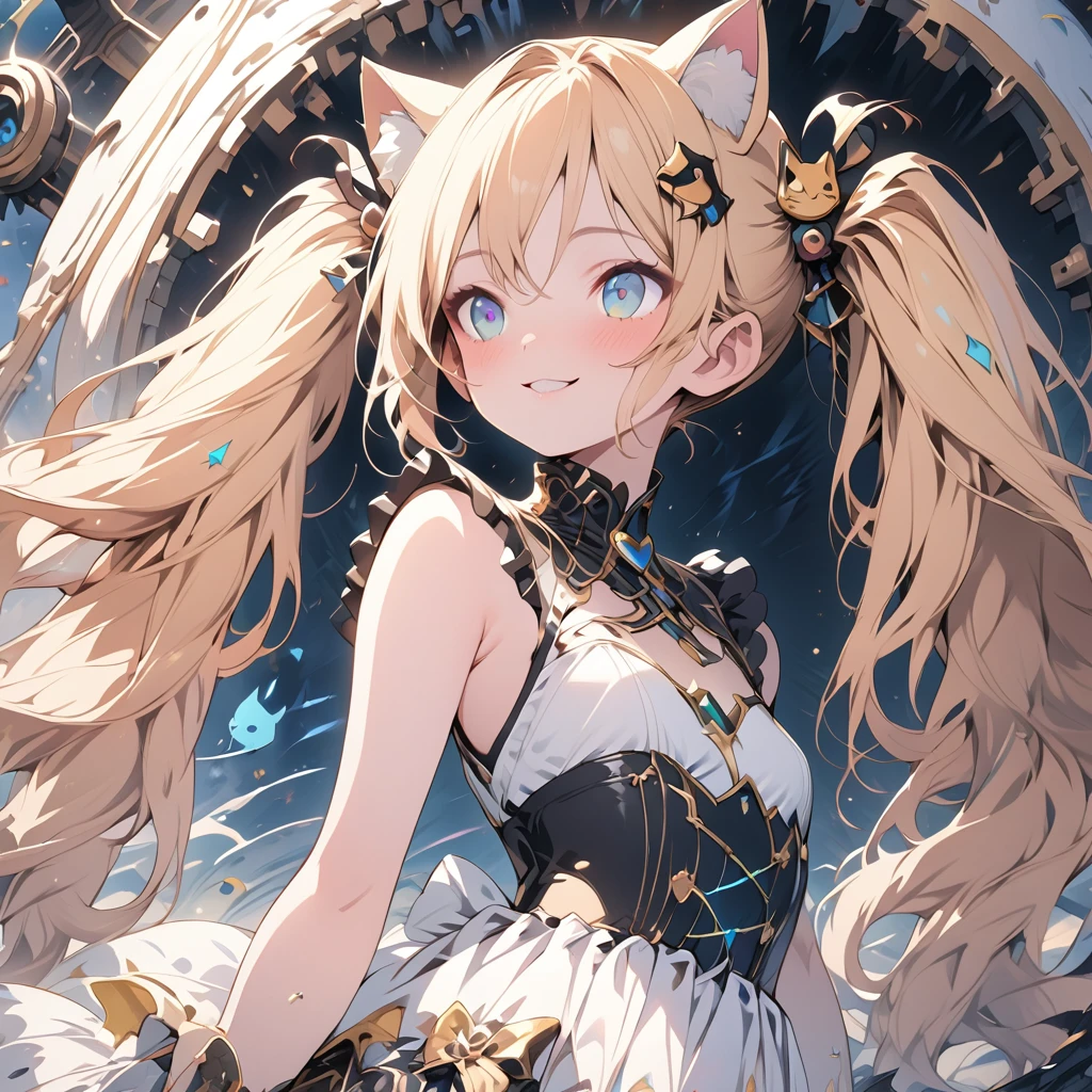 Absurd,anime,Detailed and beautiful eyes,(art),(artistic clothing:1.5),Cat costume,HEART,sleeveless,Blonde, twin tails,smile,(a girl:1.5),from the waist up,(small breasts:1.2),(small chest:1.2),mysterious,Hello,(Large detailed hair ornament:1.2),(look away:1.5),detailed clothes,Flashy Moves,Mechanical,masterpiece, moe kawaii,abyss,luster,lame,(ultra detailed:1.2), ((highest quality)) ,Extremely Delicately Beautiful ,64k