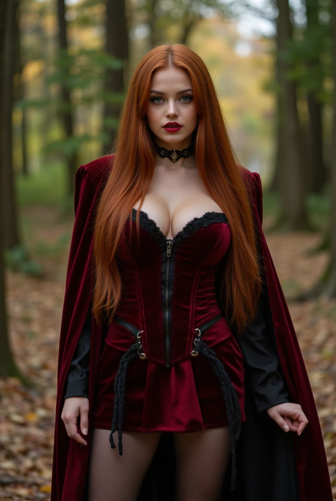 Red haired woman in gothic dress and huge breasts