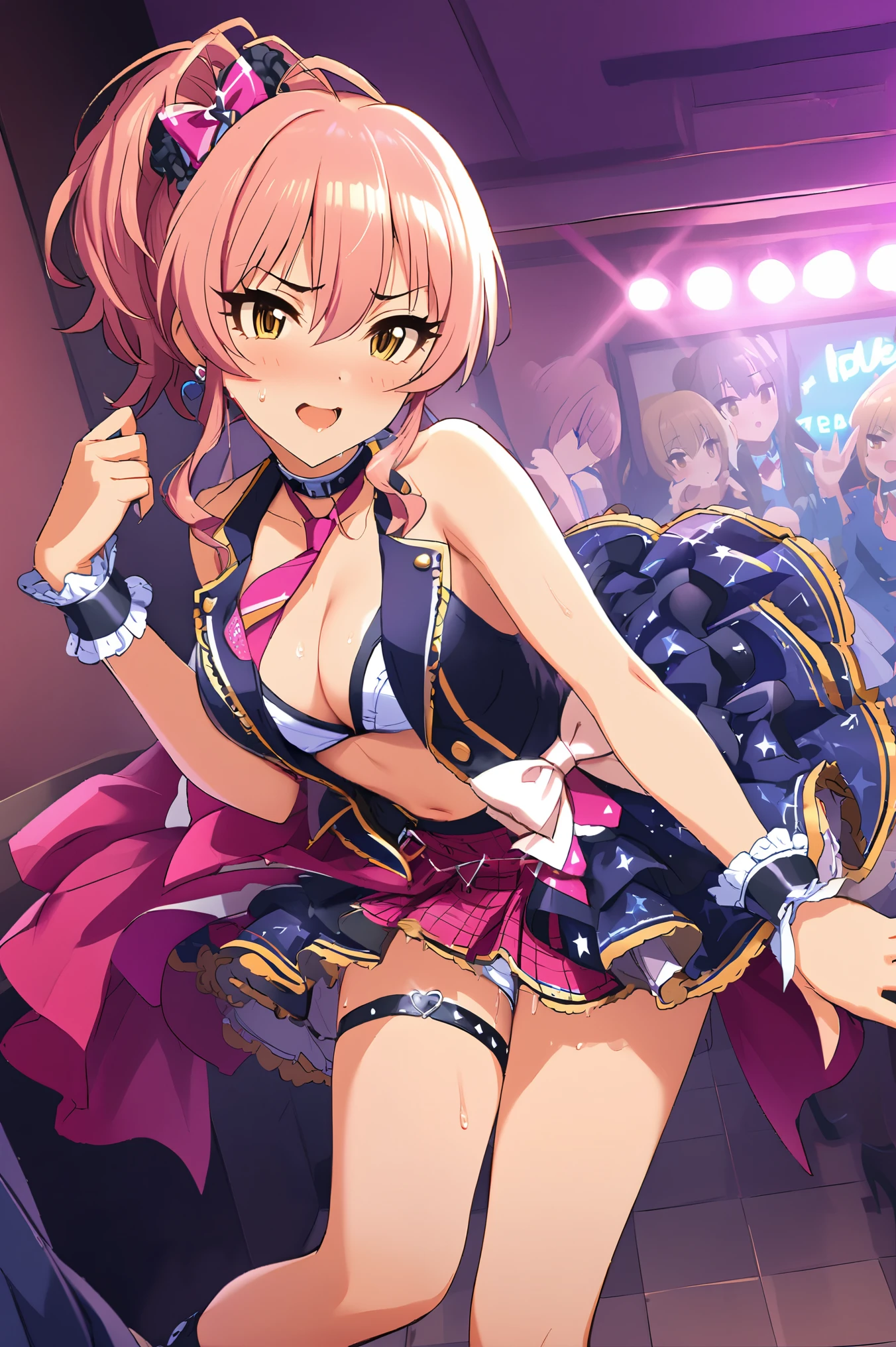 NSFW,masterpiece,Best Quality, Kampala, very detailed ,Mika Jougasaki \( The Idolmaster Cinderella Girls\),Pink Hair、 yellow eyes,(Sex slave:1.2), idol costume