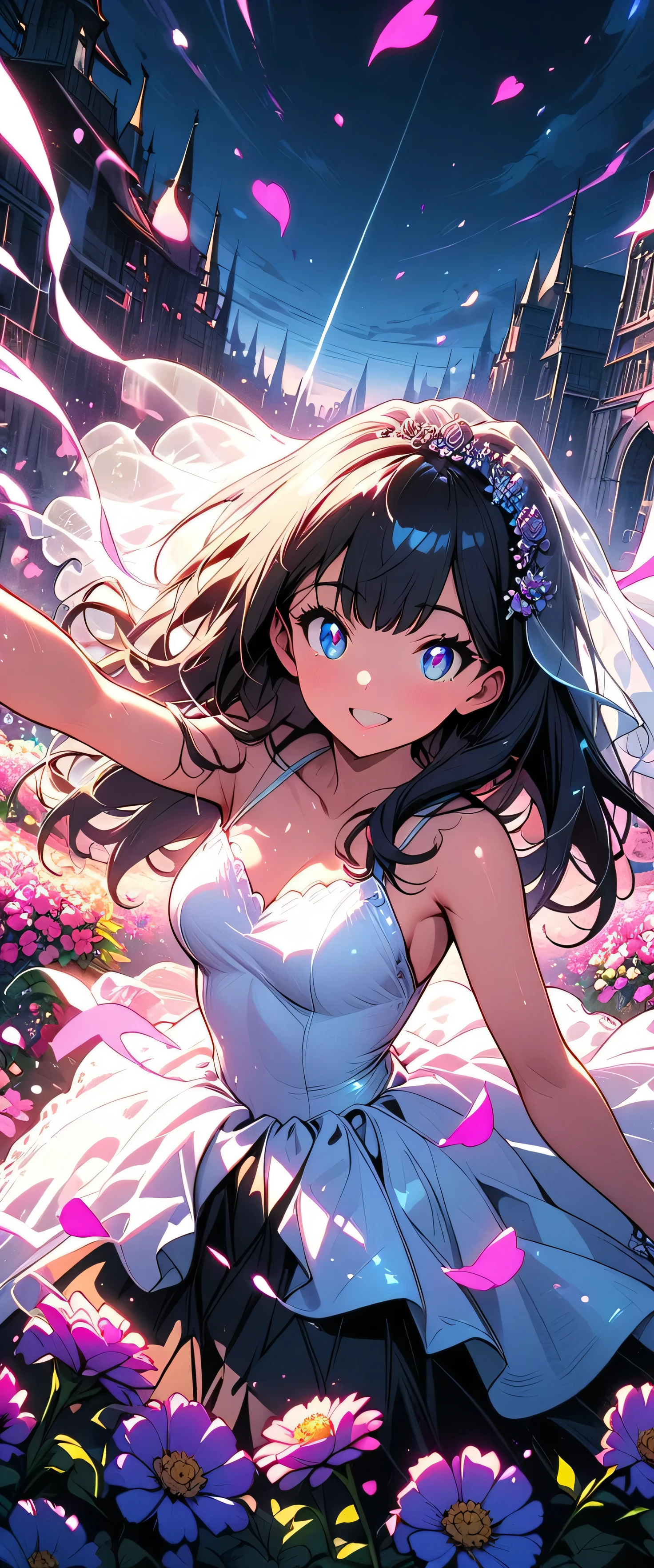 (beautiful girl:1.3),masterpiece,Please redeem,Ultra-high resolution,rich contrast,Very high quality,8k,Highly detailed CG unit wallpaper,Texture,So ridiculous,RAW Photos,Highest quality anime,anime-style illustration,Depth of written boundary 1.2,ultra-detailed eyes,Glowing Skin,Glitter Effect,Beautiful glossy lips,(Wedding Dresses:1.5),Takarada Rikka, , black hair, blue eyes,long hair, bangs,Flower Field,happy smile,Spread your arms,butterflies in flowerbed,petals dancing in the wind,overlooking,(magnificent panorama view:1.3), ((Throwing bouquets into the air)),glowneon,Line art