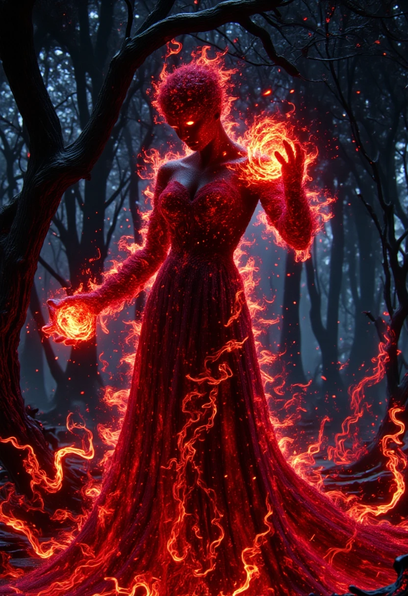 In a haunting forest at dusk, a crimson-clad witch emerges, her figure wrapped in a scarlet aura as she manipulates swirling red flames in her hands. Shadows dance around her, and the fiery glow casts an eerie light on the twisted trees. Her intense gaze and the crackling of the flames create a chilling, supernatural atmosphere, as if the forest itself bends to her power.