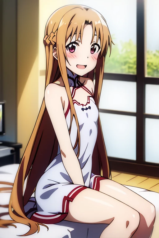 ((Best Quality)), ((masterpiece)), (be familiar with),  perfect face, indoor, bedroom,  watching viewers ,
One woman, Yuuki Asuna,
 open mouth , Ecstatic expression, blush, smile,
Small breasts,  flat chest, , ,  kids, Girl,
Long Hair,  long hair,
Leg spread,