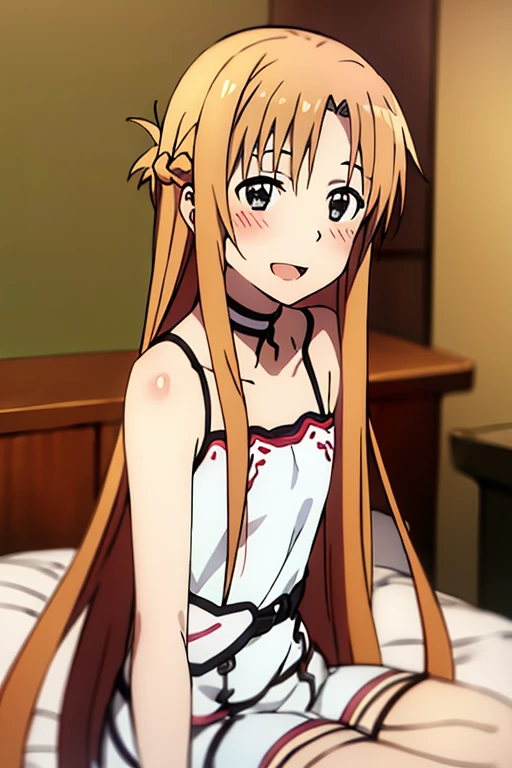 ((Best Quality)), ((masterpiece)), (be familiar with),  perfect face, indoor, bedroom,  watching viewers ,
One woman, Yuuki Asuna,
 open mouth , Ecstatic expression, blush, smile,
Small breasts,  flat chest, , ,  kids, Girl,
Long Hair,  long hair,
Leg spread,