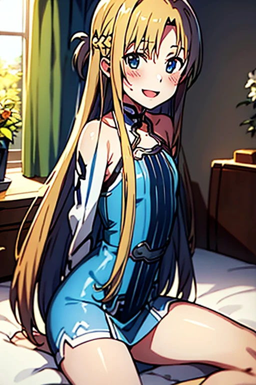 ((Best Quality)), ((masterpiece)), (be familiar with),  perfect face, indoor, bedroom,  watching viewers ,
One woman, Yuuki Asuna,
 open mouth , Ecstatic expression, blush, smile,
Small breasts,  flat chest, , ,  kids, Girl,
Long Hair,  long hair,
Leg spread,