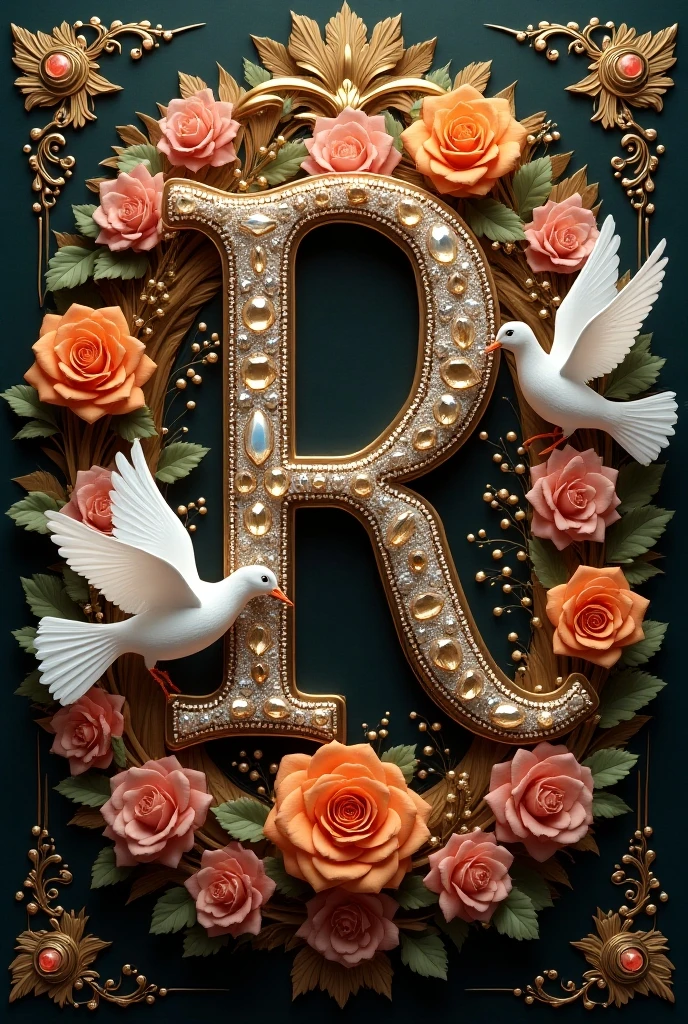 It looks like you've shared an image with a prominent letter "R" decorated with jewels, surrounded by flowers, ornate golden elements, and two white doves. It's a beautifully designed, intricate image with a luxurious, elegant feel. 

Is there something specific you'd like me to help with regarding this image?