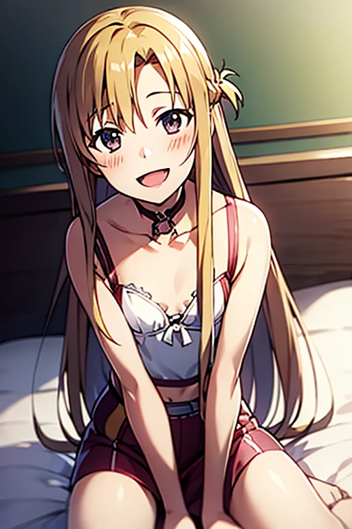 ((Best Quality)), ((masterpiece)), (be familiar with),  perfect face, indoor, bedroom,  watching viewers ,
One woman, Yuuki Asuna,
 open mouth , Ecstatic expression, blush, smile,
Small breasts,  flat chest, , ,  kids, Girl,
Long Hair,  long hair,
Leg spread,