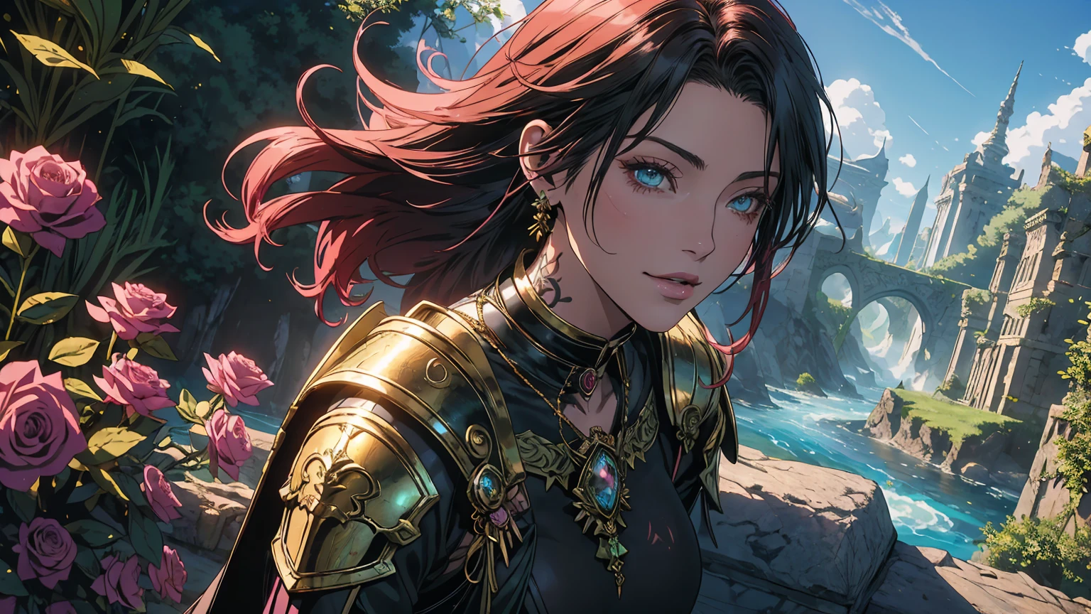 Fantasy Anime Landscape Portrait: In a high-resolution anime-style scene, a beautiful 22-year-old female warrior stands alone in a lush, open landscape. She is depicted in an upright pose, facing the viewer with a gentle smile and direct gaze. Her long hair flows around her face, and her bright green eyes are detailed and expressive. She has flawless, smooth skin, and her delicate facial features include a refined nose and soft, glossy lips.

The background is a Fantasyland setting with distant mountains, flowing rivers, and ancient ruins partially hidden by greenery. The sky is dramatic, transitioning through hues of pink, purple, and deep blue, creating a vibrant contrast with the lush, green landscape. Detailed 8K resolution and HDR lighting highlight her figure against the surroundings, with high-contrast shadows adding depth.

She wears lightweight armor with intricate metal and leather details. Tattoos of red roses and ancient symbols appear on her arms, complementing her natural beauty and connection to the world around her. The image captures both the warrior's enchanting appearance and the rich details of the environment in ultra-realistic Genshin Impact-inspired anime style.

This scene is a perfect fantasy anime wallpaper, showcasing a beautiful warrior alone in a vast, open world filled with mountains, rivers, and ruins, all captured with extreme detail and vibrant color.