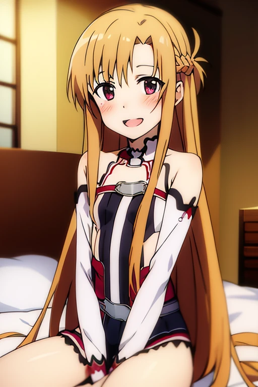 ((Best Quality)), ((masterpiece)), (be familiar with),  perfect face, indoor, bedroom,  watching viewers ,
One woman, Yuuki Asuna,
 open mouth , Ecstatic expression, blush, smile,
Small breasts,  flat chest, , ,  kids, Girl,
Long Hair,  long hair,
Leg spread,