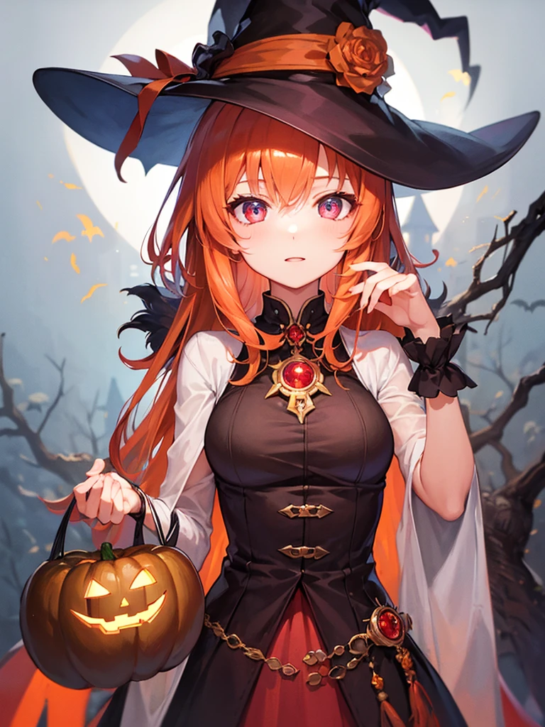 masterpiece, Best Quality,  perfect face,  highest resolution , Best Quality,Detailed depiction of the eyes,  1 girl, young, Soleil color hair, garnet color eyes, Halloween, witch,  jack-o-lantern , Night Festival, Fantastic