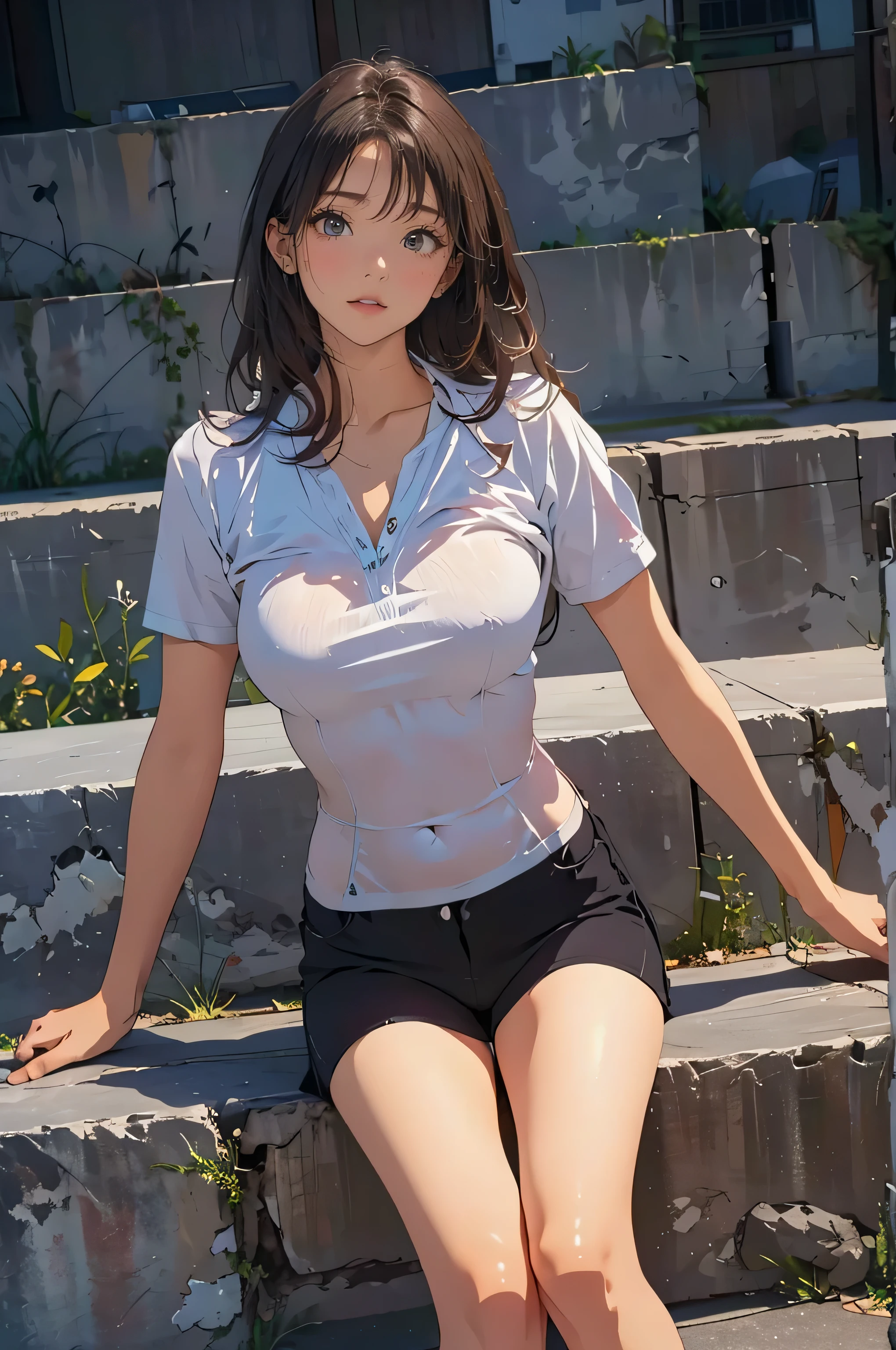 1girl, 独奏, White polo shirt, White sneakers, tennis wear, white mini-skirt, tmasterpiece, Best quality at best, realisticlying, ultra - detailed, (shiny skins, perspired:1.4), absurderes, looking at viewert, with short black hair, with brown eye,slenderness,Dynamic light and shadow,A high resolution,Sharp focus,depth of fields,The eyes are delicate,Sharp pupils,pupil realistic,(smallunderboob:1.6),(Thigh thick:1.0),exteriors,Skysky,bit girl