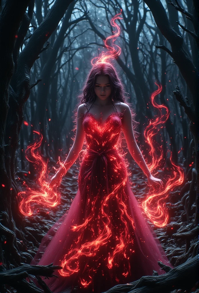 In a haunting forest at dusk, a crimson-clad witch emerges, her figure wrapped in a scarlet aura as she manipulates swirling red flames in her hands. Shadows dance around her, and the fiery glow casts an eerie light on the twisted trees. Her intense gaze and the crackling of the flames create a chilling, supernatural atmosphere, as if the forest itself bends to her power.