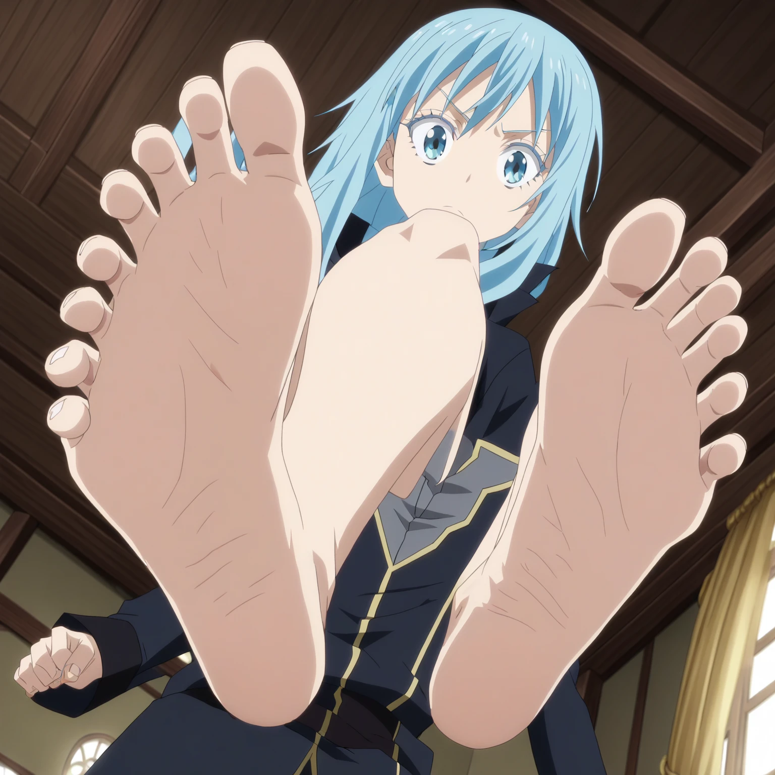 score_9, score_8_up, source_anime,
1boy, Rimuru Tempest, big eyes, round shape, alone, looking at viewer, cheerful expression, cowboy shot, ANIME SCREENCAP, anime coloring, barefoot, perfect feet, anatomically correct, soles, low angle, focal length 35mm, each foot has five toes, front, symmetrical soles, foot focus