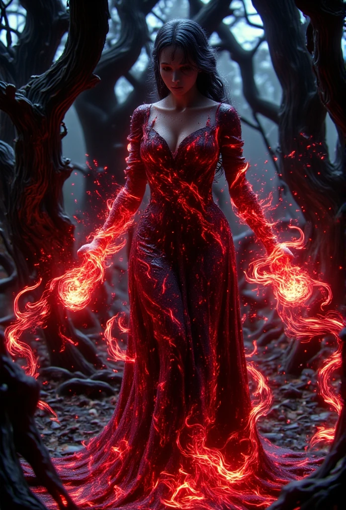 In a haunting forest at dusk, a crimson-clad witch emerges, her figure wrapped in a scarlet aura as she manipulates swirling red flames in her hands. Shadows dance around her, and the fiery glow casts an eerie light on the twisted trees. Her intense gaze and the crackling of the flames create a chilling, supernatural atmosphere, as if the forest itself bends to her power.