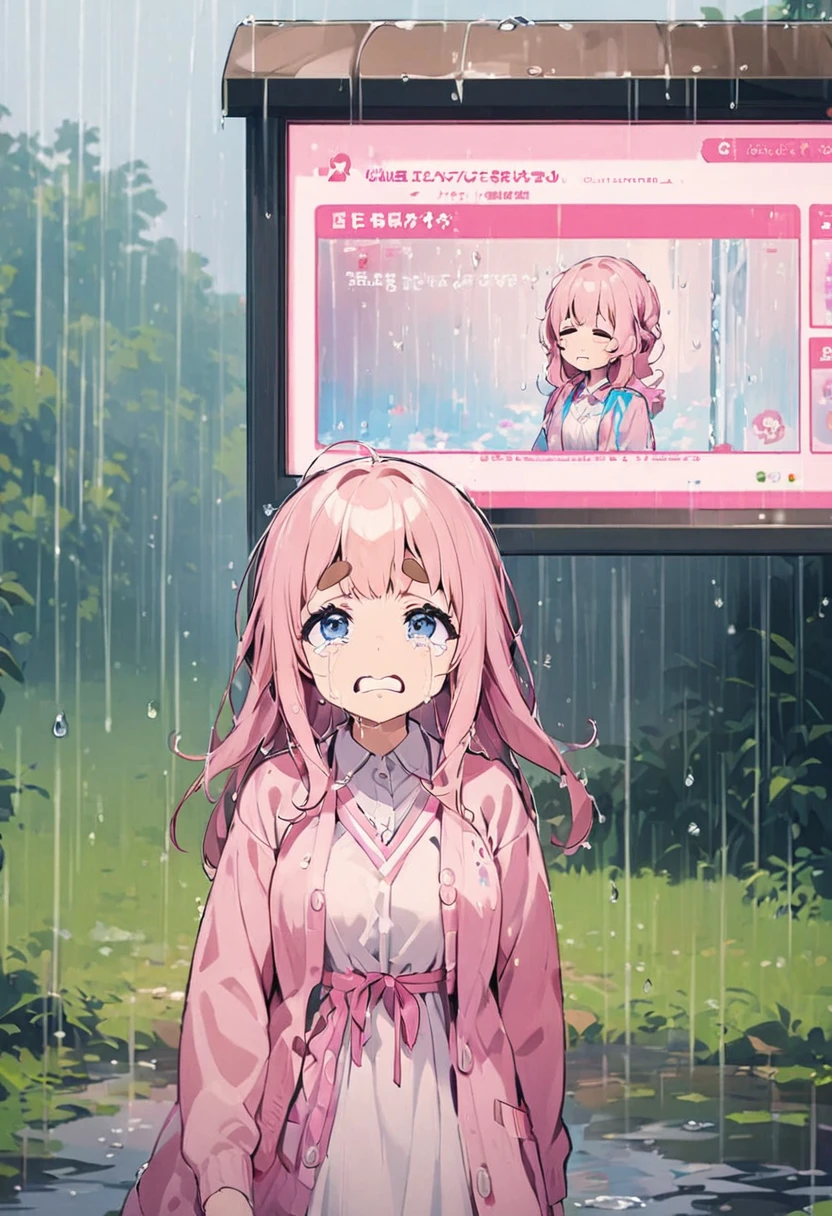  score_9, score_8_up, score_7_up,  1 Girl,  Pink-haired woman ,  message window ,  thick eyebrows,  crying, In the Rain, Raindrops and tears flowing down the cheeks , Pink dress, Wet,  sky blue cardigan, Look up at the sky, Stand still, Quietly crying 