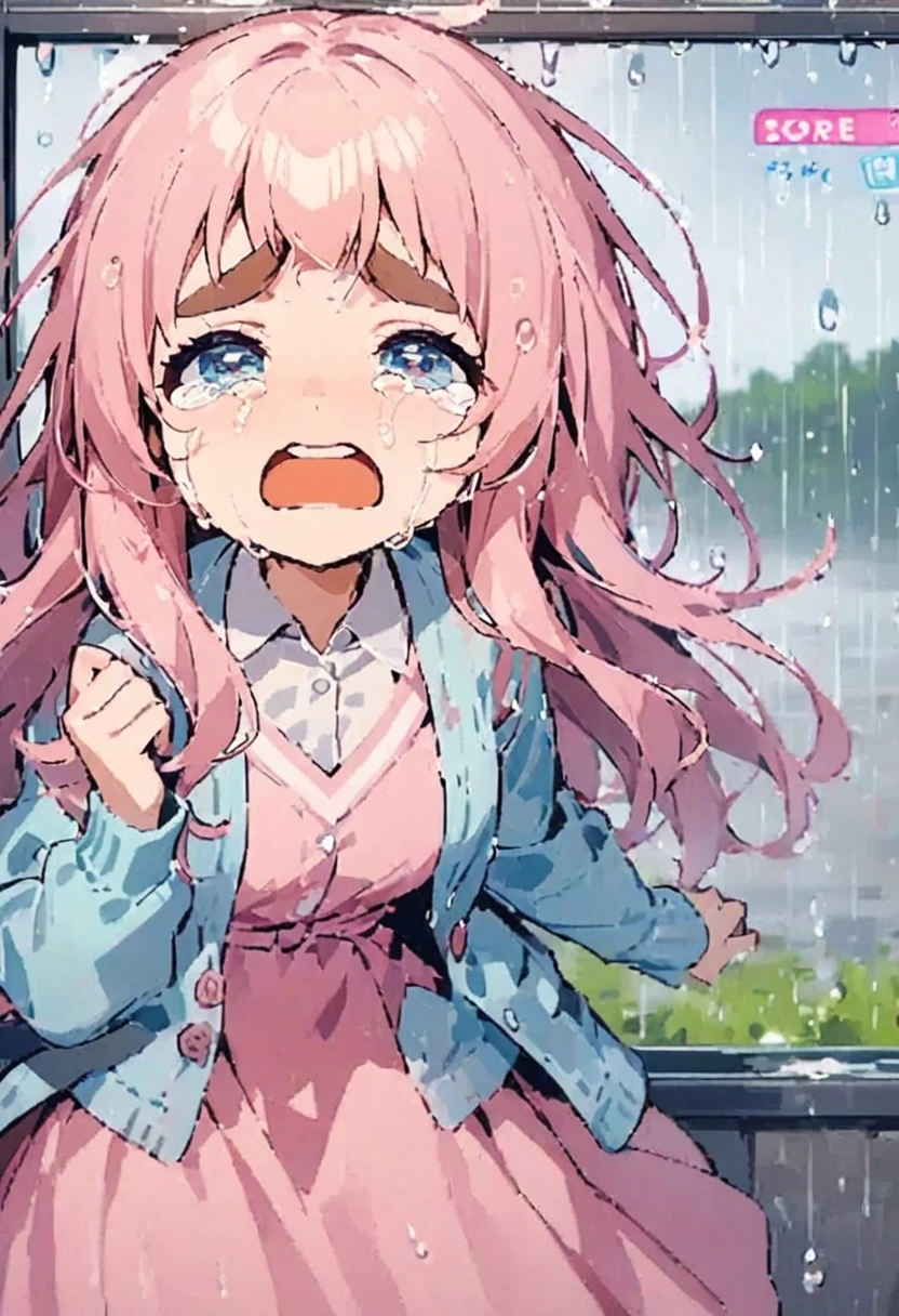  score_9, score_8_up, score_7_up,  1 Girl,  Pink-haired woman ,  message window ,  thick eyebrows,  crying, In the Rain, Raindrops and tears flowing down the cheeks , Pink dress, Wet,  sky blue cardigan, Look up at the sky, Stand still, Quietly crying 