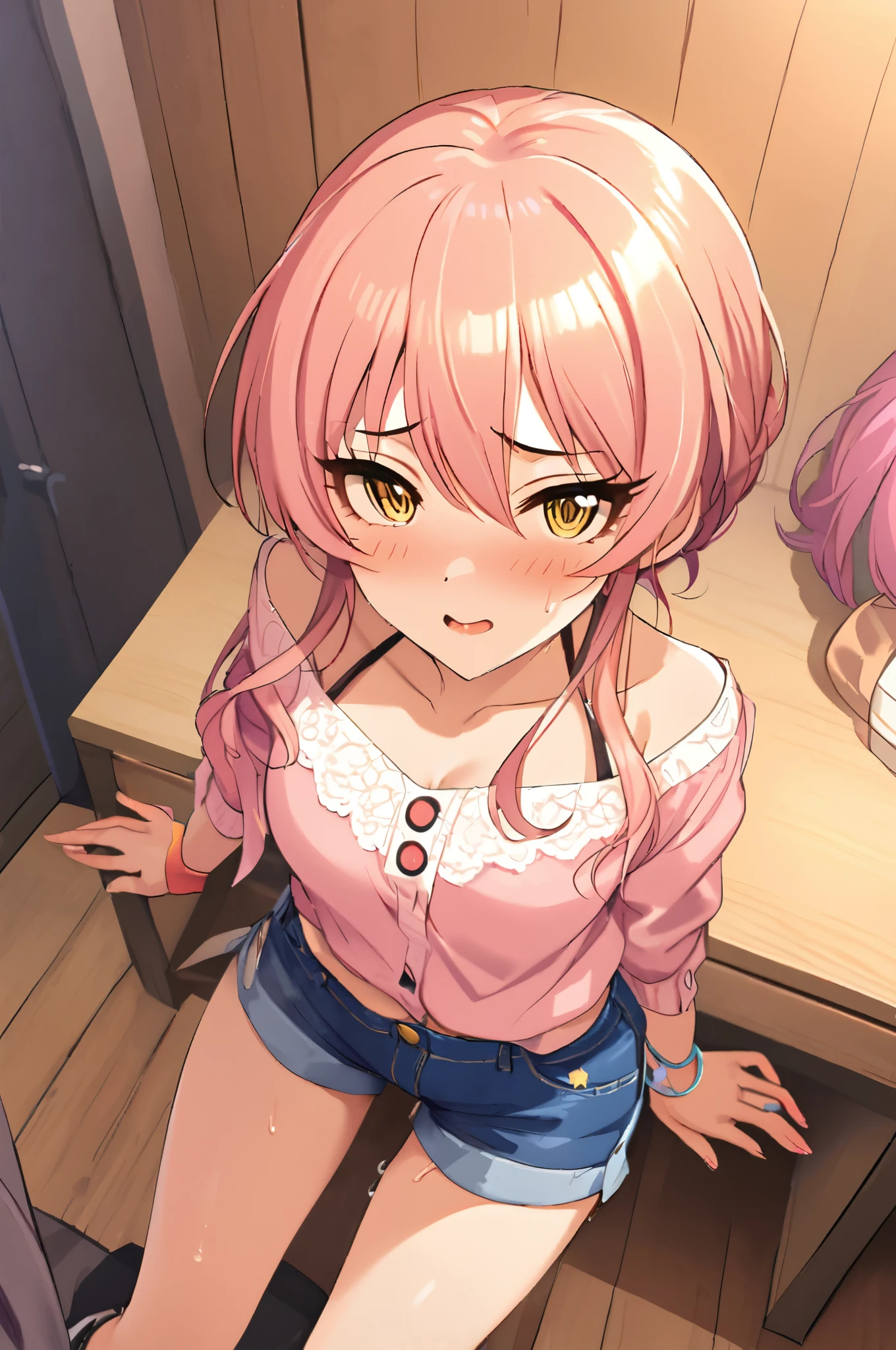 NSFW,masterpiece,Best Quality, Kampala, very detailed ,Mika Jougasaki \( The Idolmaster Cinderella Girls\),Pink Hair、 yellow eyes,(Sex slave), casual, shorts,blush