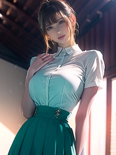  Full Body Shot 、8k, masterpiece, RAW photo,   best quality, Realistic,   Elegant Suit Wearing High Resolution CG Unity 8K Wallpaper ,   depth of field , Cinematic Light,   lens flare ,   ray tracing , (   very beautiful face   , Beautiful Lips,   beautiful eyes),  Detailed face , ((Ultra-detailed skins))  one girl playing pranks,  in the dark , deepshadow, Cute Korean Girl,  K-POPアイドル ,   1 girl, (Very slim and slendet muscular body:1.3), (( Viewers)),(Big smile:1.3), ( blurred background),( There's no one behind  :1.3),  beautiful earrings ,  bracelet, Clear Eyes, walk, (Pale skin), (Big Eyes), look forward to, (Golden bristles), ( Full Body Shot ), , ((Blue high waist skirt)), , ( Viewers:1.3) Open chest, Very slim, medium breasts,  Focusing on Buttocks , In front of eyebrows, Thick thighs(( white shirt :1.3)), ( double breasted,  under bust:1.2), Short sleeve,  Button Gap ,  frameless glasses  ,  CORSET BELTS  ,Beautiful shortcuts,blonde,
