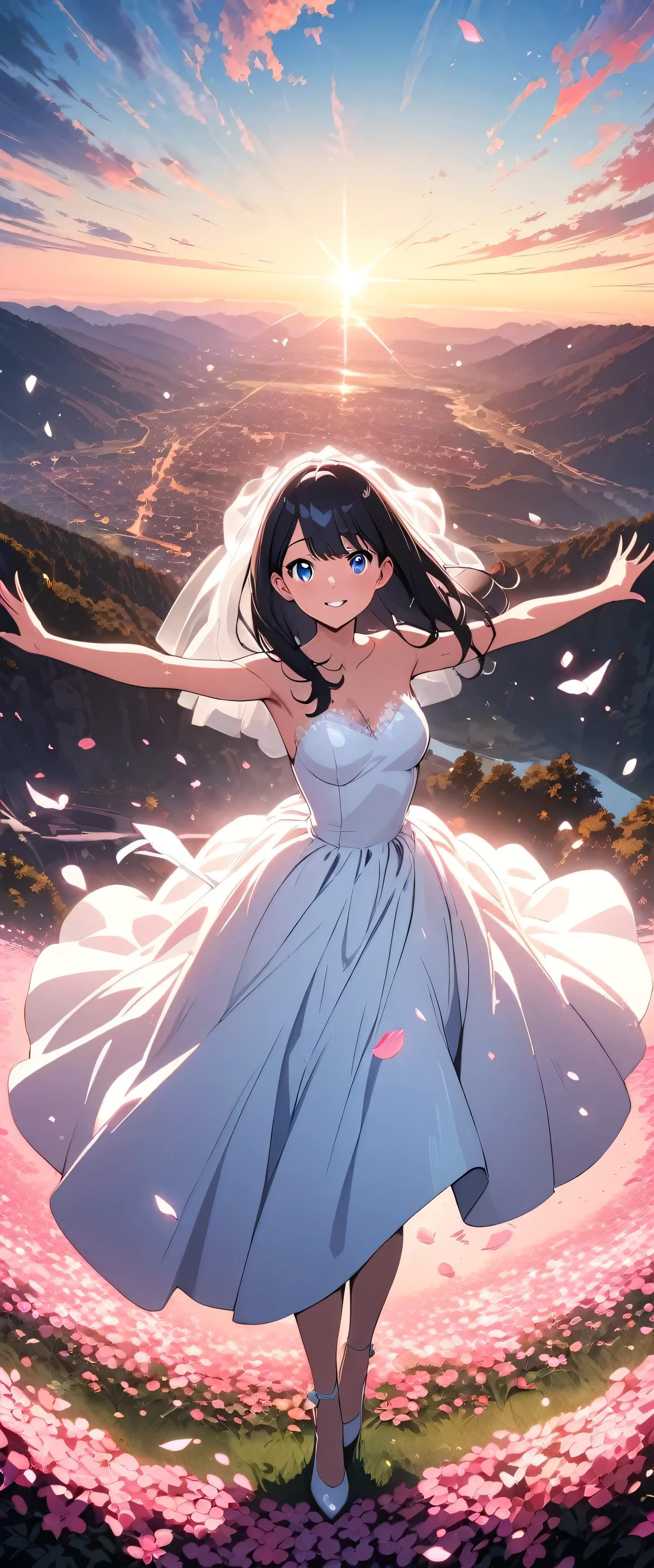 (beautiful girl:1.3),masterpiece,Please redeem,Ultra-high resolution,rich contrast,Very high quality,8k,Highly detailed CG unit wallpaper,Texture,So ridiculous,RAW Photos,Highest quality anime,anime-style illustration,Depth of written boundary 1.2,ultra-detailed eyes,Glowing Skin,Glitter Effect,Beautiful glossy lips,(Wedding Dresses:1.5),Takarada Rikka, , black hair, blue eyes,long hair, bangs,Flower Field,happy smile,Spread your arms,butterflies in flowerbed,petals dancing in the wind,overlooking,(magnificent panorama view:1.3), ((Throwing bouquets into the air))