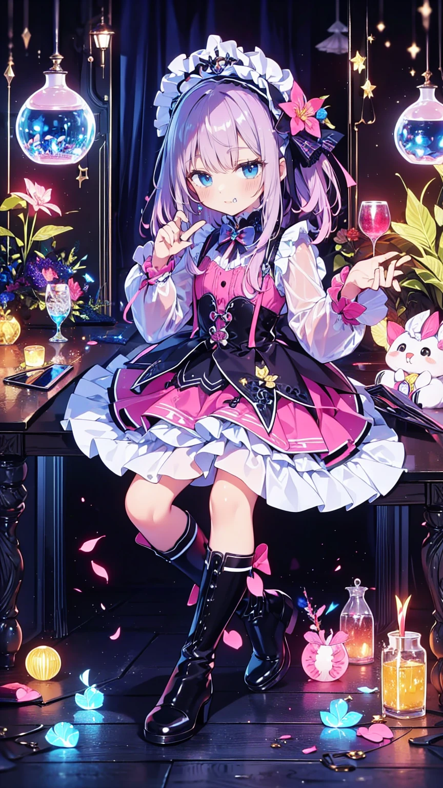  anime style、story、、 BEAUTIFUL GIRLS、とてもcute天使、 pink gothic dress 、cute、baby face、smile、 long skirt 、  black boots 、Very cute headband
