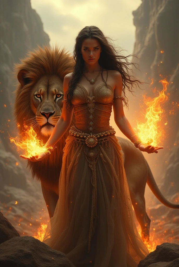 A black-haired woman in a red dress sitting next to a lion, Karol Bak UHD, beautiful Leo goddess, Epic Fantasy Art Style HD, Realistic fantasy illustration, Fire lion, Realistic fantasy artwork, Fierce 4K expression, Digital art Fantasy art, Beautiful fantasy art portrait, Fantasy art style,  Beautiful Digital Artwork, Epic Fantasy Art Portrait, Amazing Fantasy Art