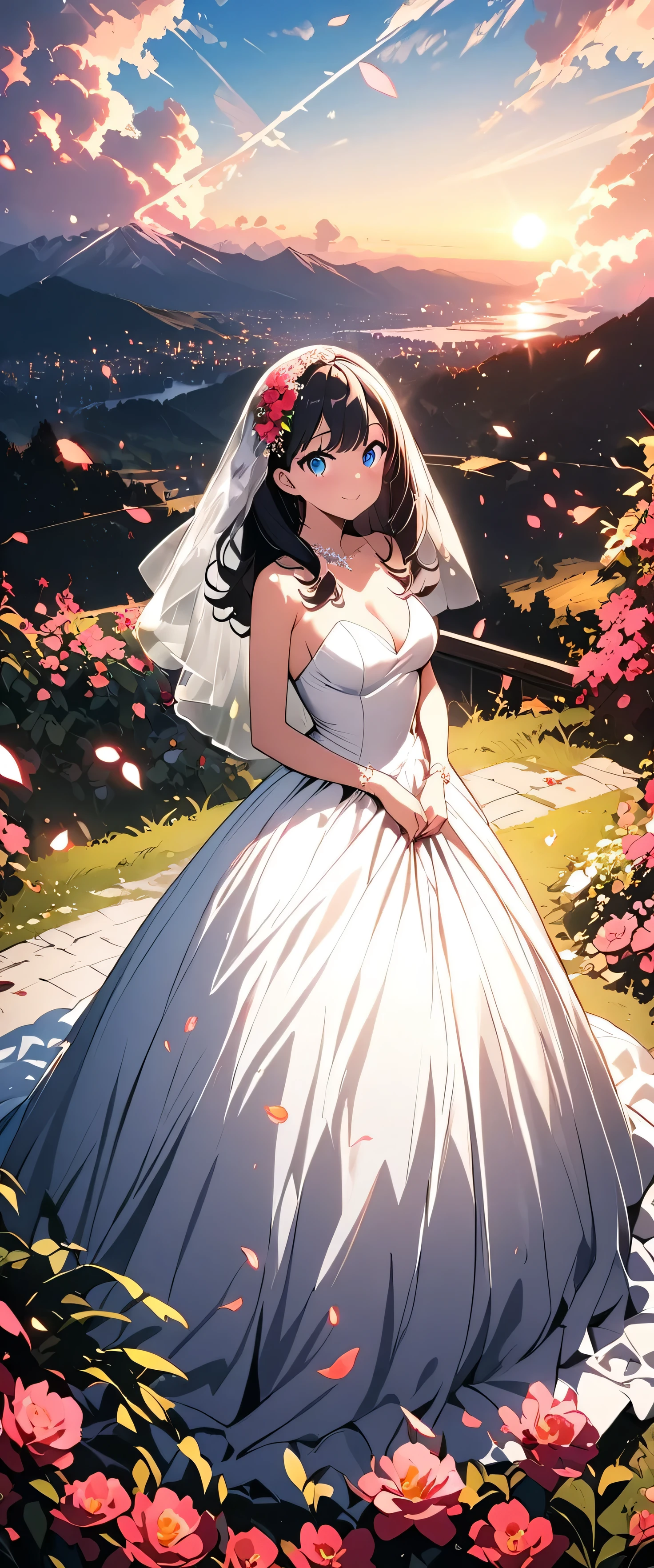 (beautiful girl:1.3),masterpiece,Please redeem,Ultra-high resolution,rich contrast,Very high quality,8k,Highly detailed CG unit wallpaper,Texture,So ridiculous,RAW Photos,Highest quality anime,anime-style illustration,Depth of written boundary 1.2,ultra-detailed eyes,Glowing Skin,Glitter Effect,Beautiful glossy lips,(Wedding Dresses:1.5),Takarada Rikka, , black hair, blue eyes,long hair, bangs,Flower Field,happy smile,Spread your arms,butterflies in flowerbed,petals dancing in the wind,overlooking,(magnificent panorama view:1.3), 