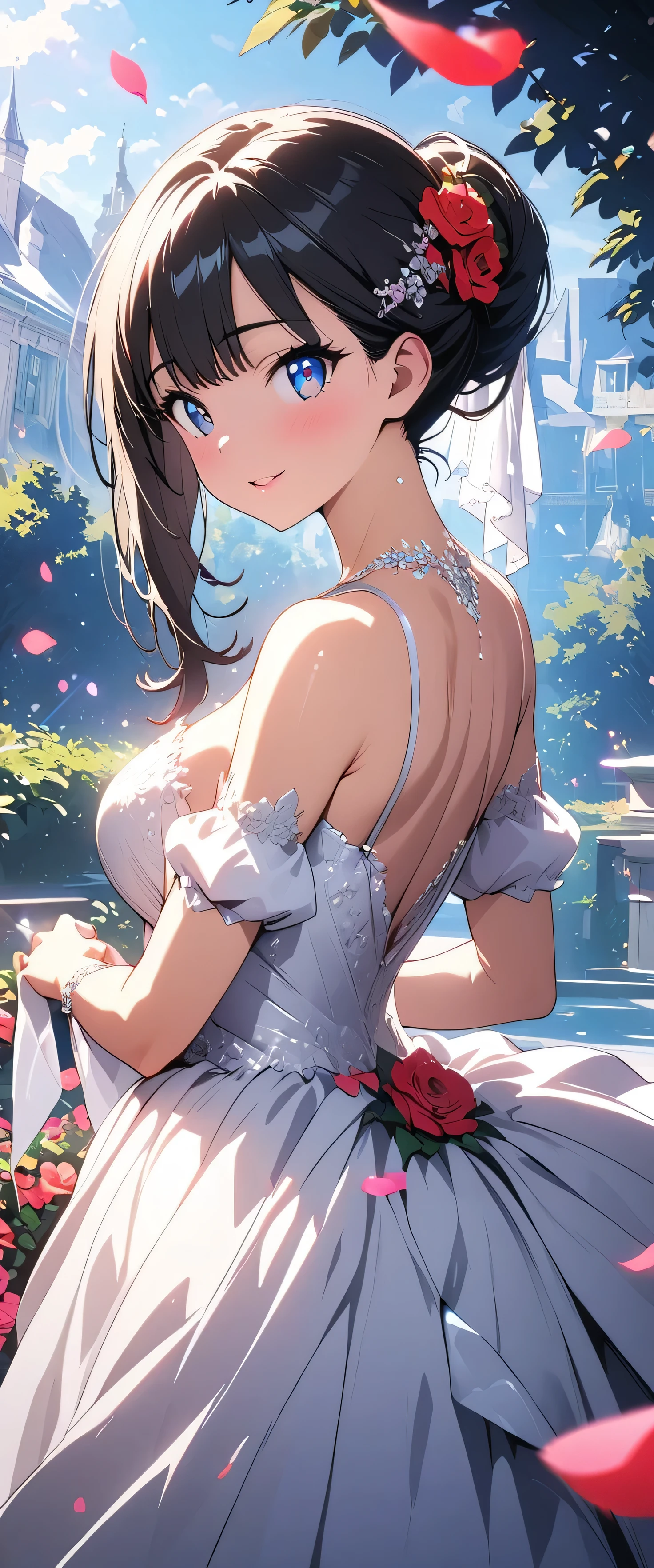 (beautiful girl:1.3),masterpiece,Please redeem,Ultra-high resolution,rich contrast,Very high quality,8k,Highly detailed CG unit wallpaper,Texture,So ridiculous,RAW Photos,Highest quality anime,anime-style illustration,Depth of written boundary 1.2,ultra-detailed eyes,Glowing Skin,Glitter Effect,Beautiful glossy lips,(Wedding Dresses:1.5),Takarada Rikka, , black hair,  blue eyes,long hair, bangs,Flower Field,happy smile,Sleep with arms outstretched,butterflies in flowerbed,petals dancing in the wind,(Close-up on the nape:1.5)