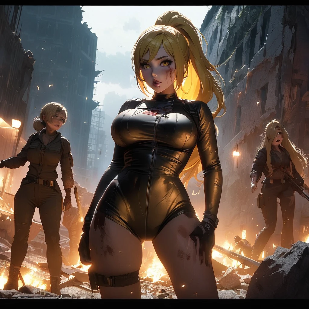 zombie apocalypse,  anime girls, Look at viewers, Mommy aura, yellow hair, long hair, Ponytail hair style, large breast, big thigs, Sexy lips, civilians outfits , Warm lighting, Dramatic lighting, Cinematic, 4K quality, Ruins scenery, Horriable situation