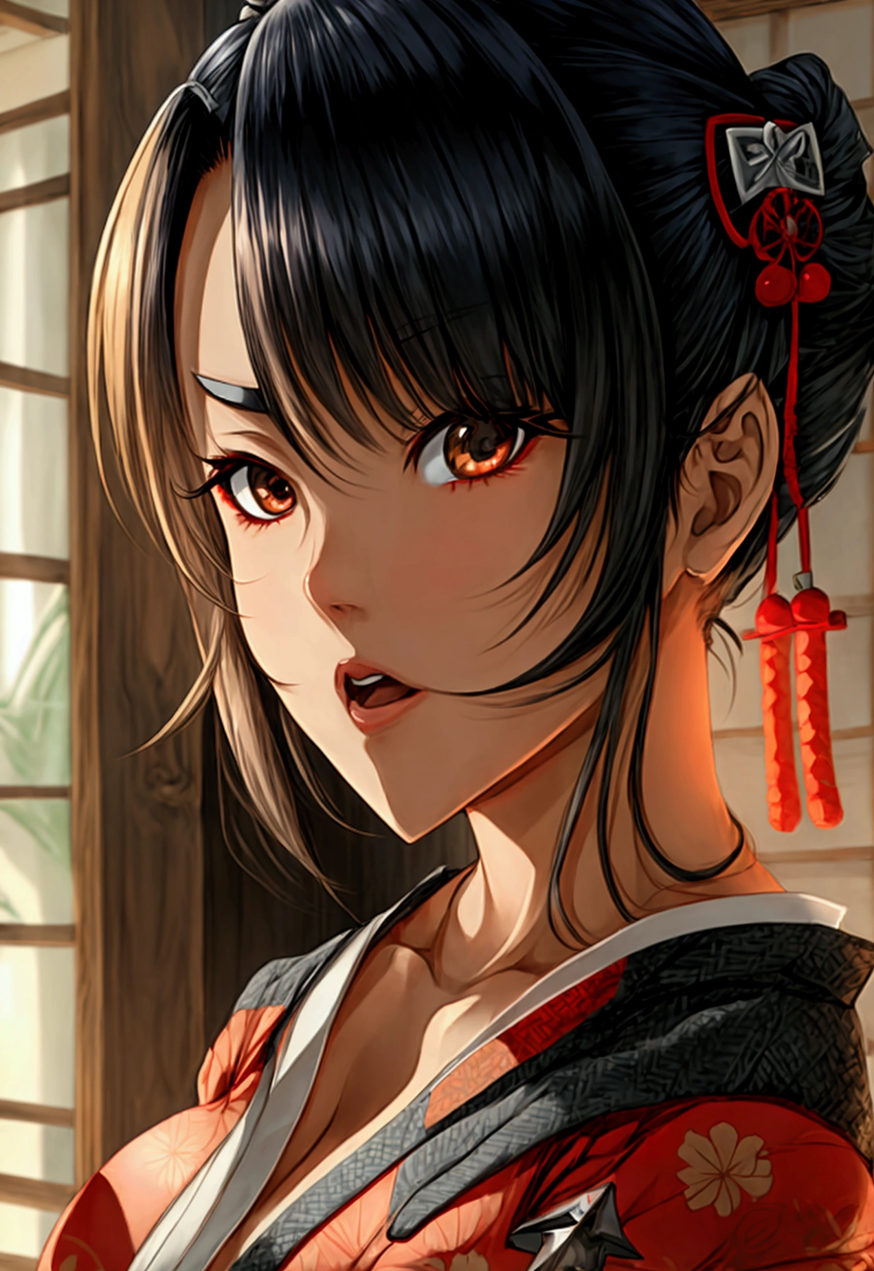 Young woman, Japanese, Hazel eyes, kunoichi, modified kimono, kunai strapped to leg, large breasts, bowing, best quality, amazing quality, very aesthetic, absurdres