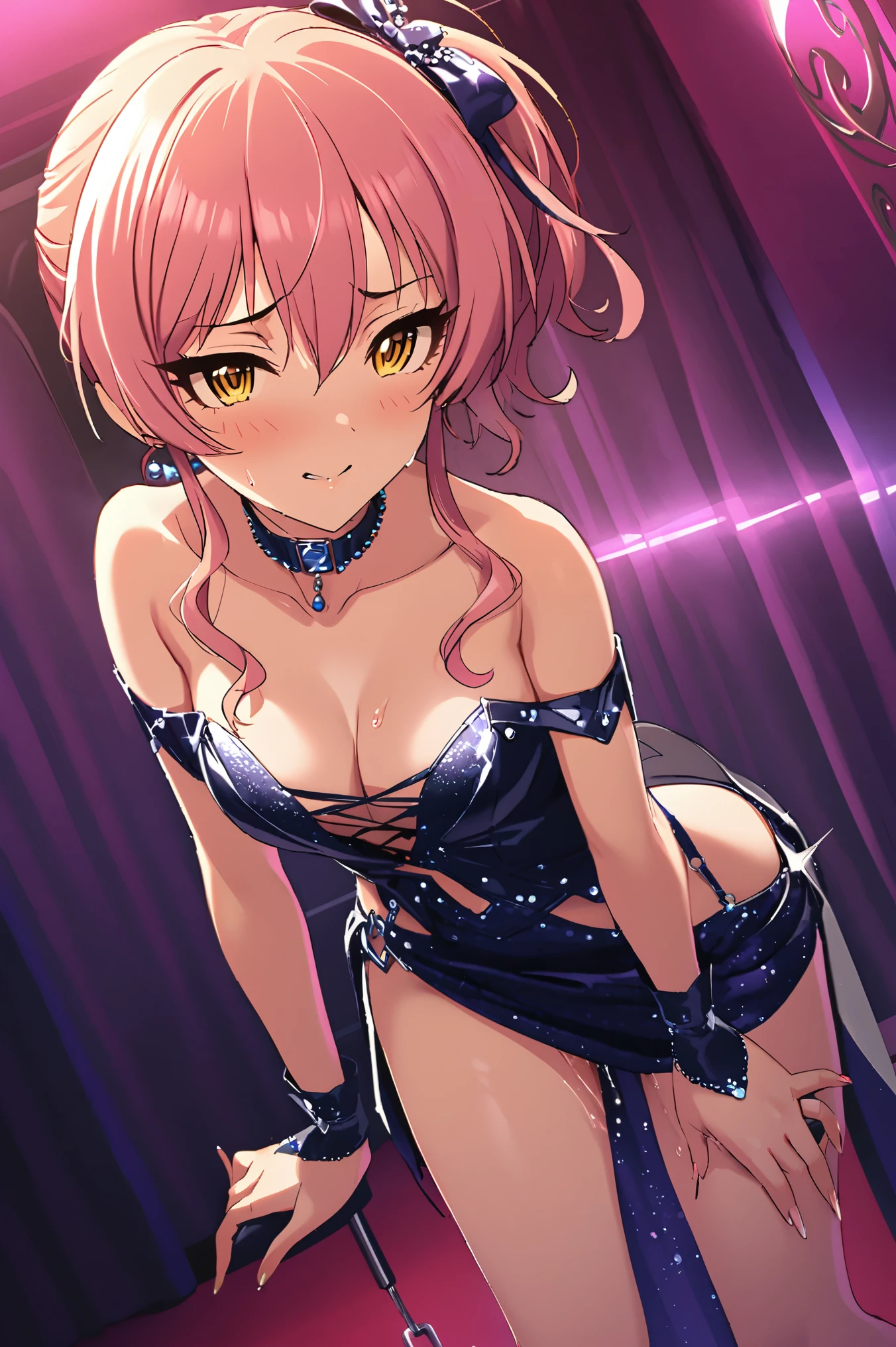 NSFW,masterpiece,Best Quality, Kampala, very detailed ,Mika Jougasaki \( The Idolmaster Cinderella Girls\),Pink Hair、 yellow eyes,(Sex slave:1.5), evening dress ,Chest cut-in, accessories with gray hair, choker, cabaret club