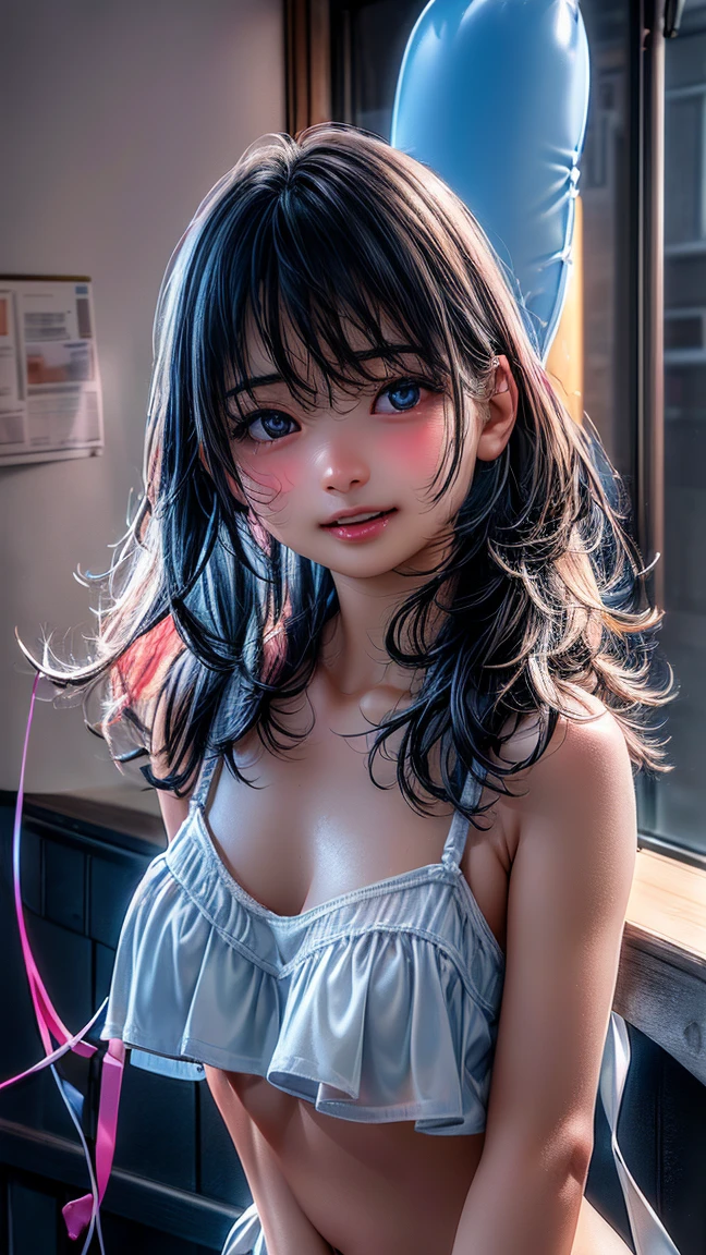 very cute and beautiful girl,(Very detailed美しい顔), (smile),blush,Seraphim,Pleated navy blue mini skirt,Black Hair,Sitting,Spread your legs,White panties, Wooden classroom,window,Distant Tree々and the city, (Highest quality,masterpiece:1.0),Absurd,High resolution,Very detailedな,Very detailed,32K,8k resolution, Intricate details,Movie Scenes,Detailed Background,alone,Dynamic Angle,Black Hairロングヘア。Big Breasts