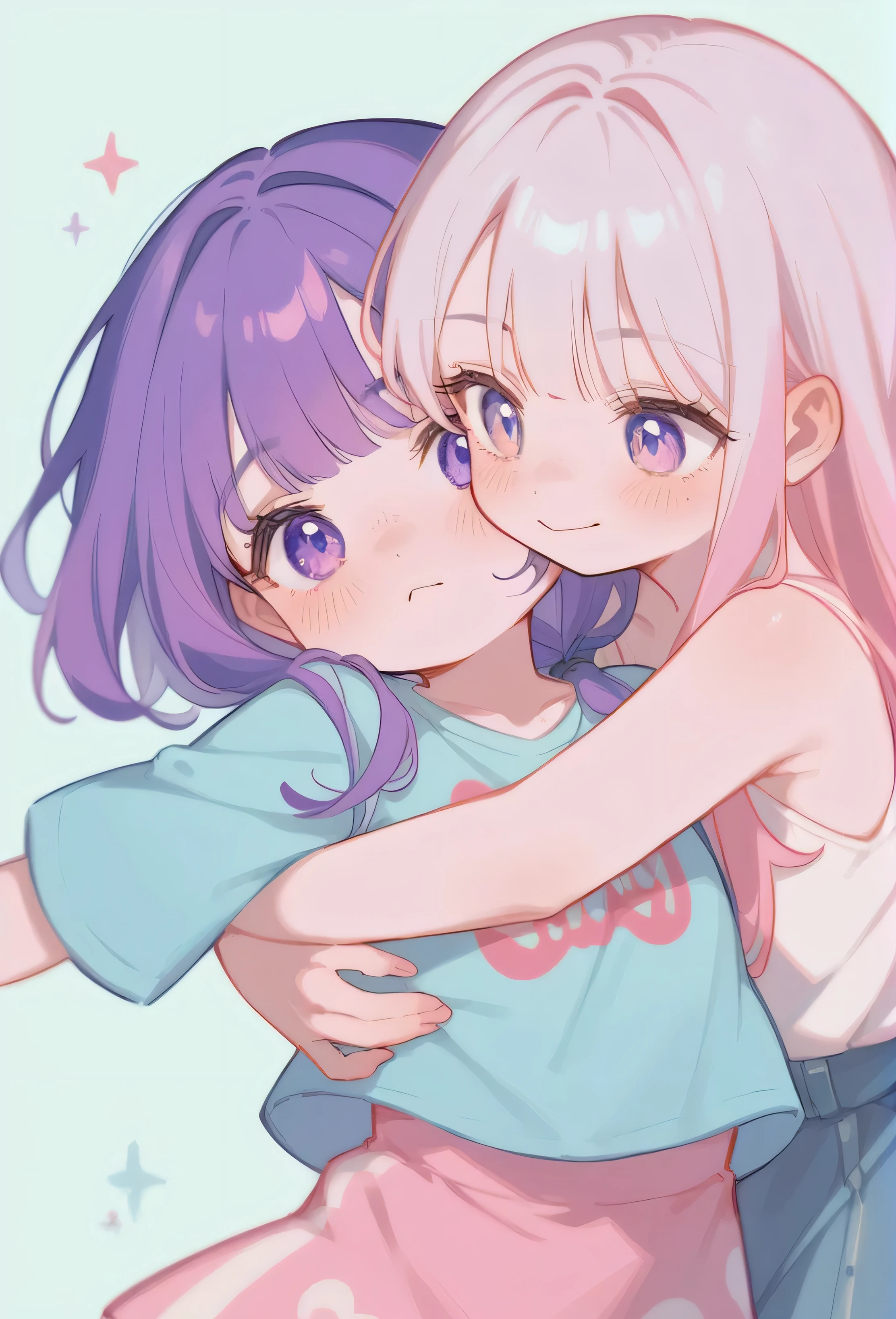 illustration, best quality, chibi style, (pastel color),Low Fidelity (lofi) art style,
pastel pink and purple tones,2girls, hugging each other, one girl with purple hair, one girl with white hair, blushing expressions, simple background with pink and white split, cozy and heartwarming atmosphere, casual outfits, close-up view