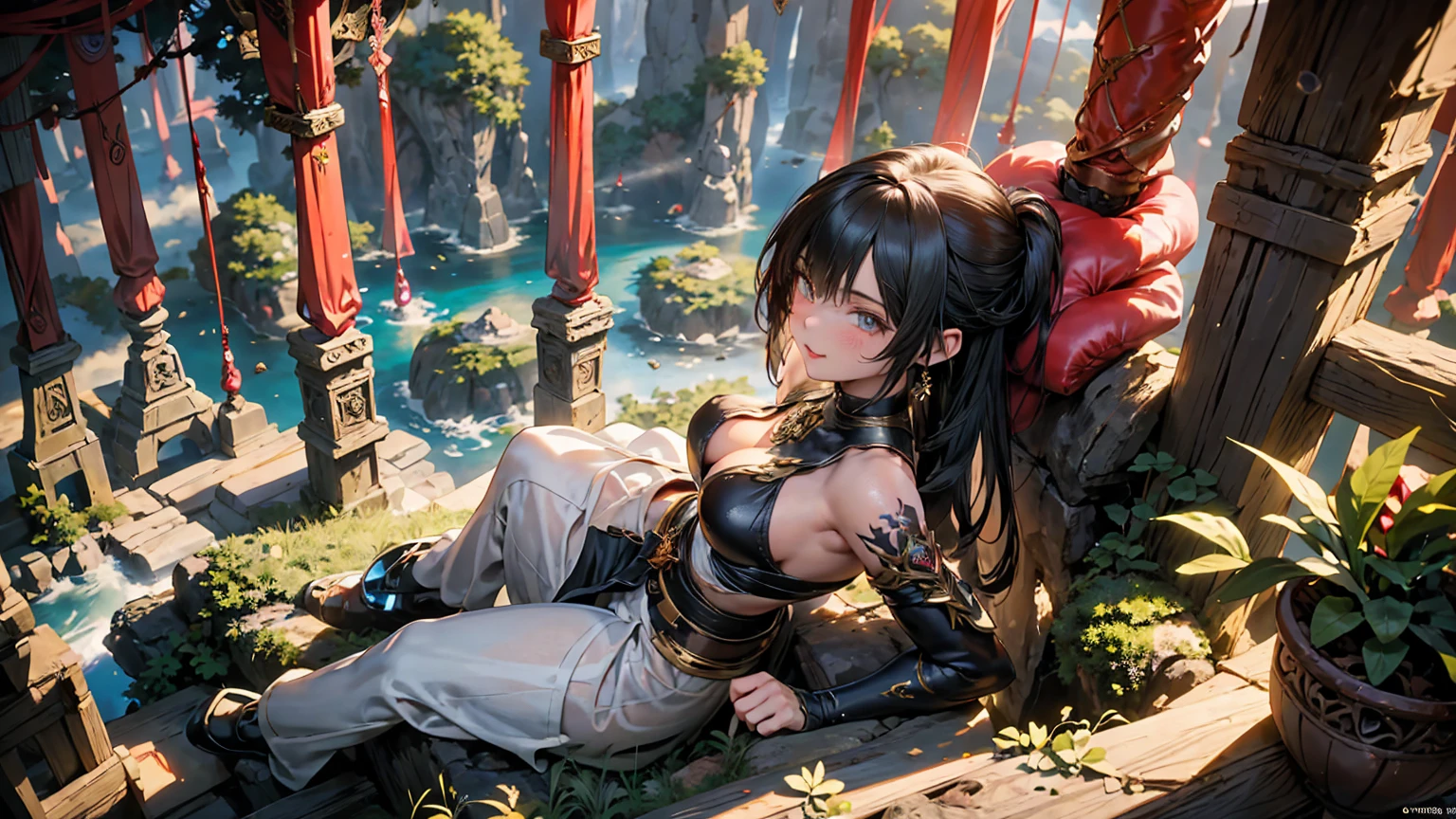 Fantasy Anime, Landscape: In a high-resolution anime-style scene, a extremily beautiful 22-year-old female warrior stands alone in a lush, open landscape. She is depicted in an upright pose, facing the viewer with a gentle smile and direct gaze. Her long hair flows around her face, and her bright green eyes are detailed and expressive. She has flawless, smooth skin, and her delicate facial features include a refined nose and soft, glossy lips.

The background is a Fantasyland setting with distant mountains, flowing rivers, and ancient ruins partially hidden by greenery. The sky is dramatic. Detailed 8K resolution and HDR lighting highlight her figure against the surroundings, with high-contrast shadows adding depth.

She wears lightweight armor with intricate metal and leather details. Tattoos of red roses and ancient symbols appear on her arms, complementing her natural beauty and connection to the world around her. The image captures both the warrior's enchanting appearance and the rich details of the environment in ultra-realistic Genshin Impact-inspired anime style.

This scene is a perfect fantasy anime wallpaper, showcasing a beautiful warrior alone in a vast, open world filled with mountains, rivers, and ruins, all captured with extreme detail and vibrant color.