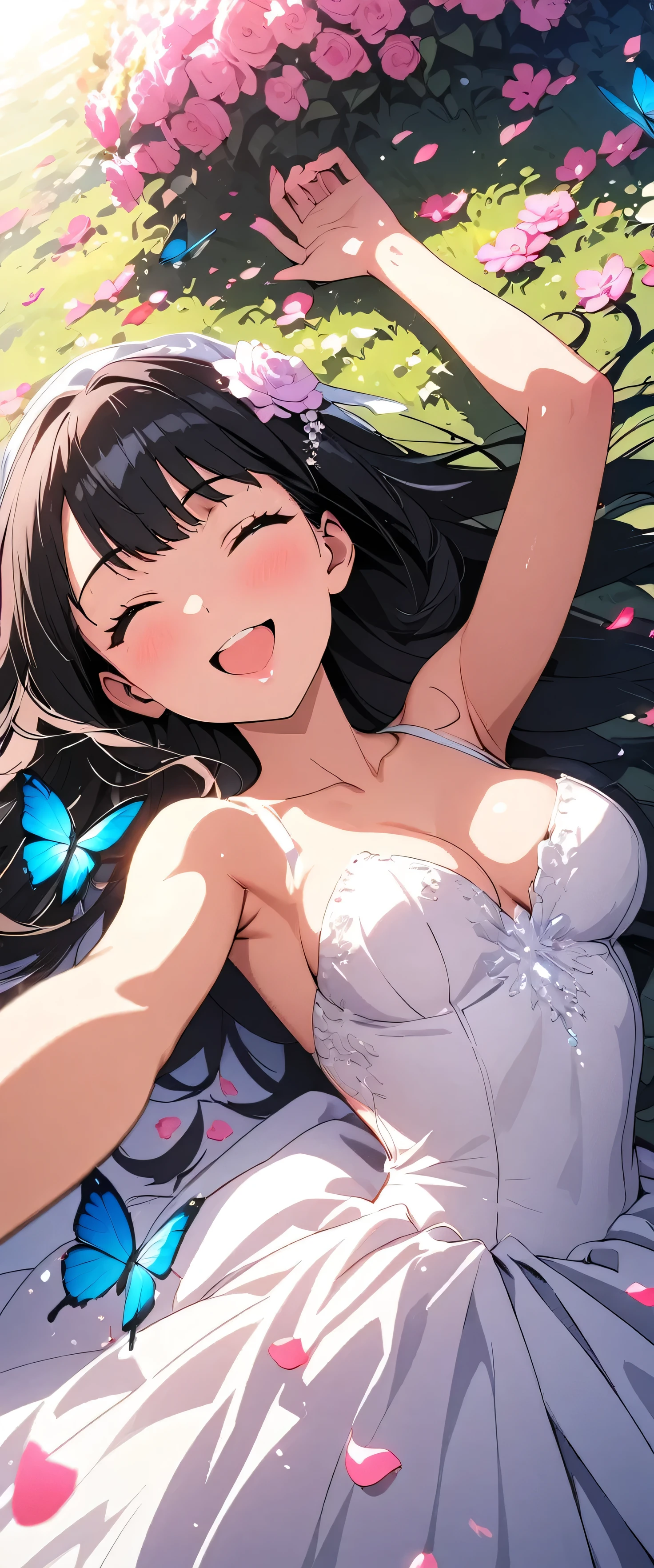 (beautiful girl:1.3),masterpiece,Please redeem,Ultra-high resolution,rich contrast,Very high quality,8k,Highly detailed CG unit wallpaper,Texture,So ridiculous,RAW Photos,Highest quality anime,anime-style illustration,Depth of written boundary 1.2,Glowing Skin,Glitter Effect,Beautiful glossy lips,(Wedding Dresses:1.5),Takarada Rikka, , black hair, long hair, bangs,Flower Field,happy smile,Sleep with arms outstretched, eyes closed,butterflies in flowerbed,petals dancing in the wind