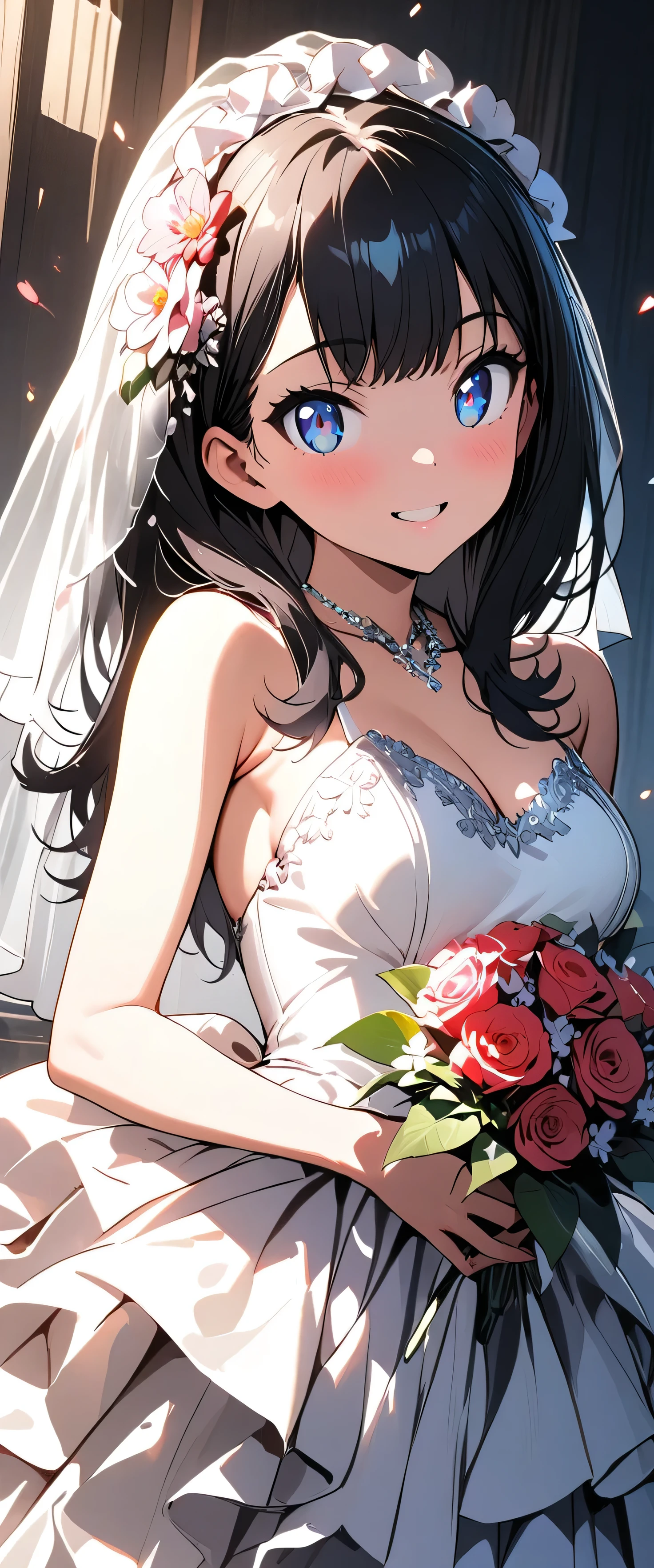 (beautiful girl:1.3),masterpiece,Please redeem,Ultra-high resolution,rich contrast,Very high quality,8k,Highly detailed CG unit wallpaper,Texture,So ridiculous,RAW Photos,Highest quality anime,studio anime style,Depth of written boundary 1.2,ultra-detailed eyes,Glowing Skin,Glitter Effect,Beautiful glossy lips,(Wedding Dresses:1.5),Takarada Rikka, blue eyes, black hair, long hair, bangs,Flower Field,happy smile,bouquet