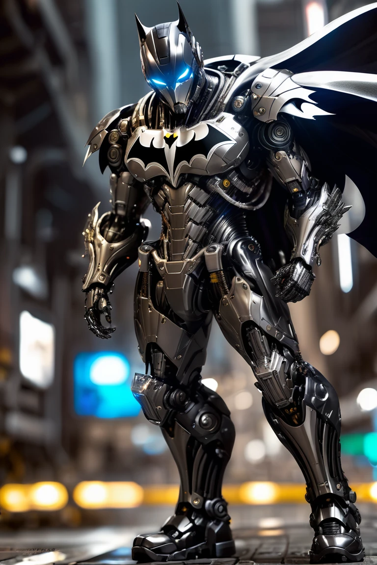  Mechanical Batman Special , Light Black Armor , With glossy silver metal armor, Wears smooth black armor,Smooth Silver Metallic Cloak ,whole body machinery,Mechanical Empire , Cyberpunk Mechanic Soldier , Mechanical Forces ,whole body machinery,Full body photo,Full body close-up , Fully Mechanical Cyberpunk City