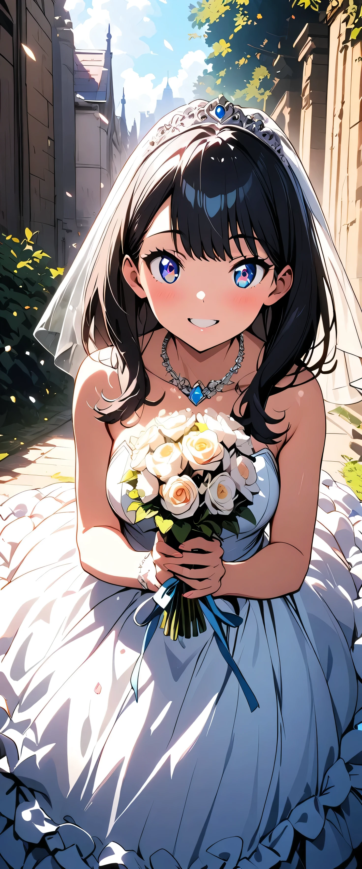 (beautiful girl:1.3),masterpiece,Please redeem,Ultra-high resolution,rich contrast,Very high quality,8k,Highly detailed CG unit wallpaper,Texture,So ridiculous,RAW Photos,Highest quality anime,studio anime style,Depth of written boundary 1.2,ultra-detailed eyes,Glowing Skin,Glitter Effect,Beautiful glossy lips,(Wedding Dresses:1.5),Takarada Rikka, blue eyes, black hair, long hair, bangs,Flower Field,happy smile,bouquet