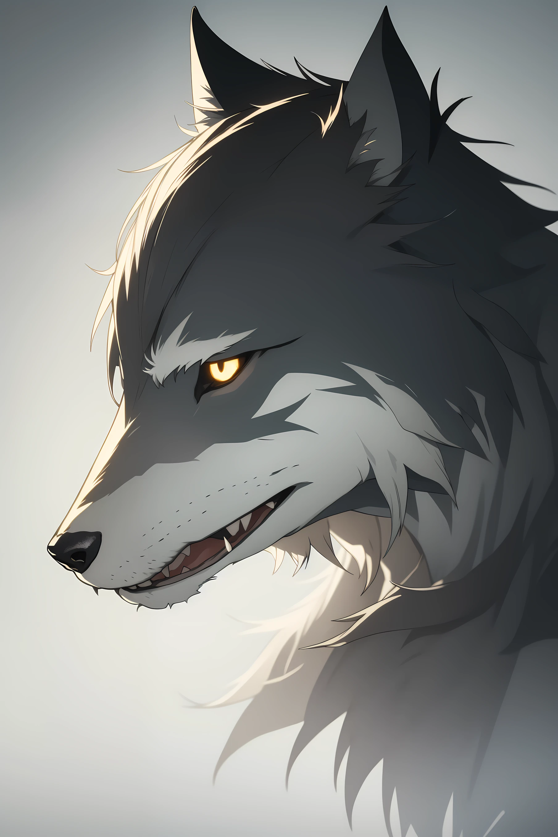 A fierce gray male wolf, volumetric lighting, cinematic lighting, shadows