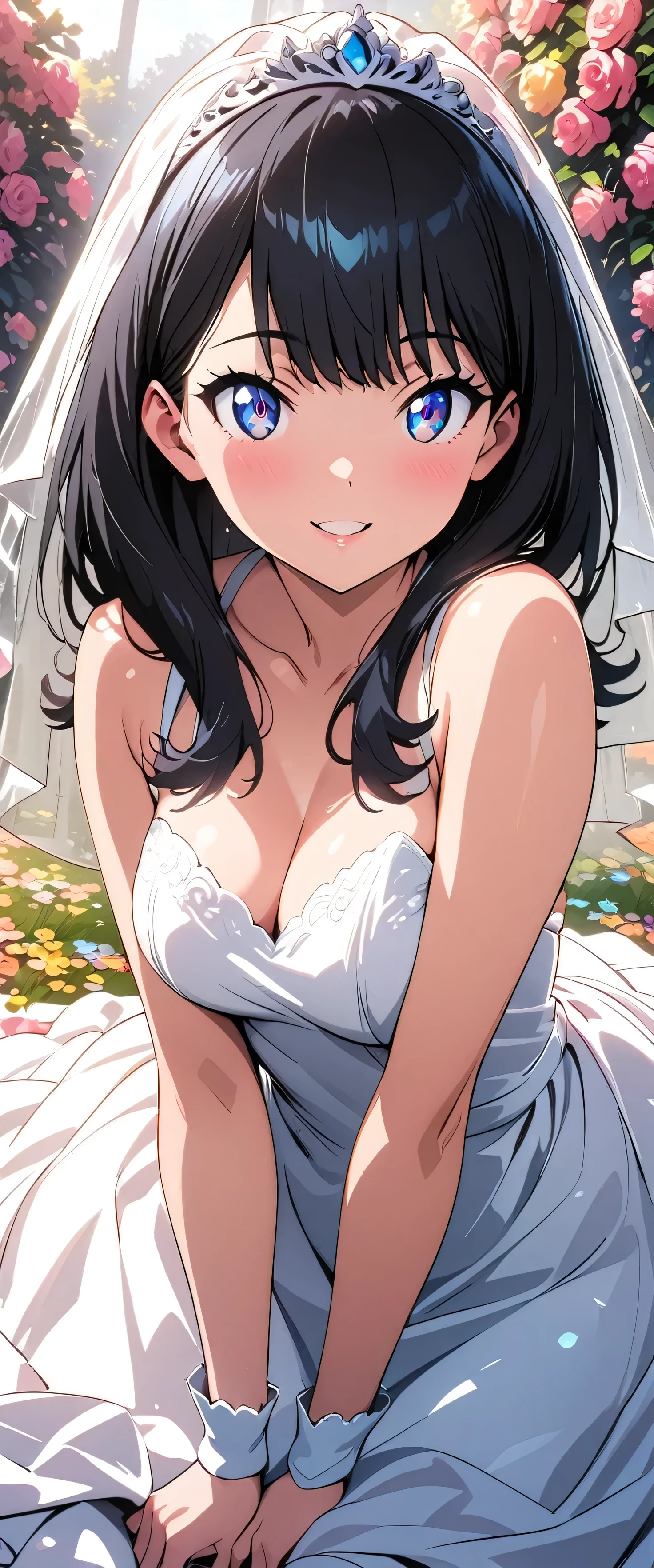 (beautiful girl:1.3),masterpiece,Please redeem,Ultra-high resolution,rich contrast,Very high quality,8k,Highly detailed CG unit wallpaper,Texture,So ridiculous,RAW Photos,Highest quality anime,anime-style illustration,studio anime style,Depth of written boundary 1.2,ultra-detailed eyes,Glowing Skin,Glitter Effect,Beautiful glossy lips,(Wedding Dresses:1.5),Takarada Rikka, blue eyes, black hair, long hair, bangs,Flower Field,happy smile,bouquet