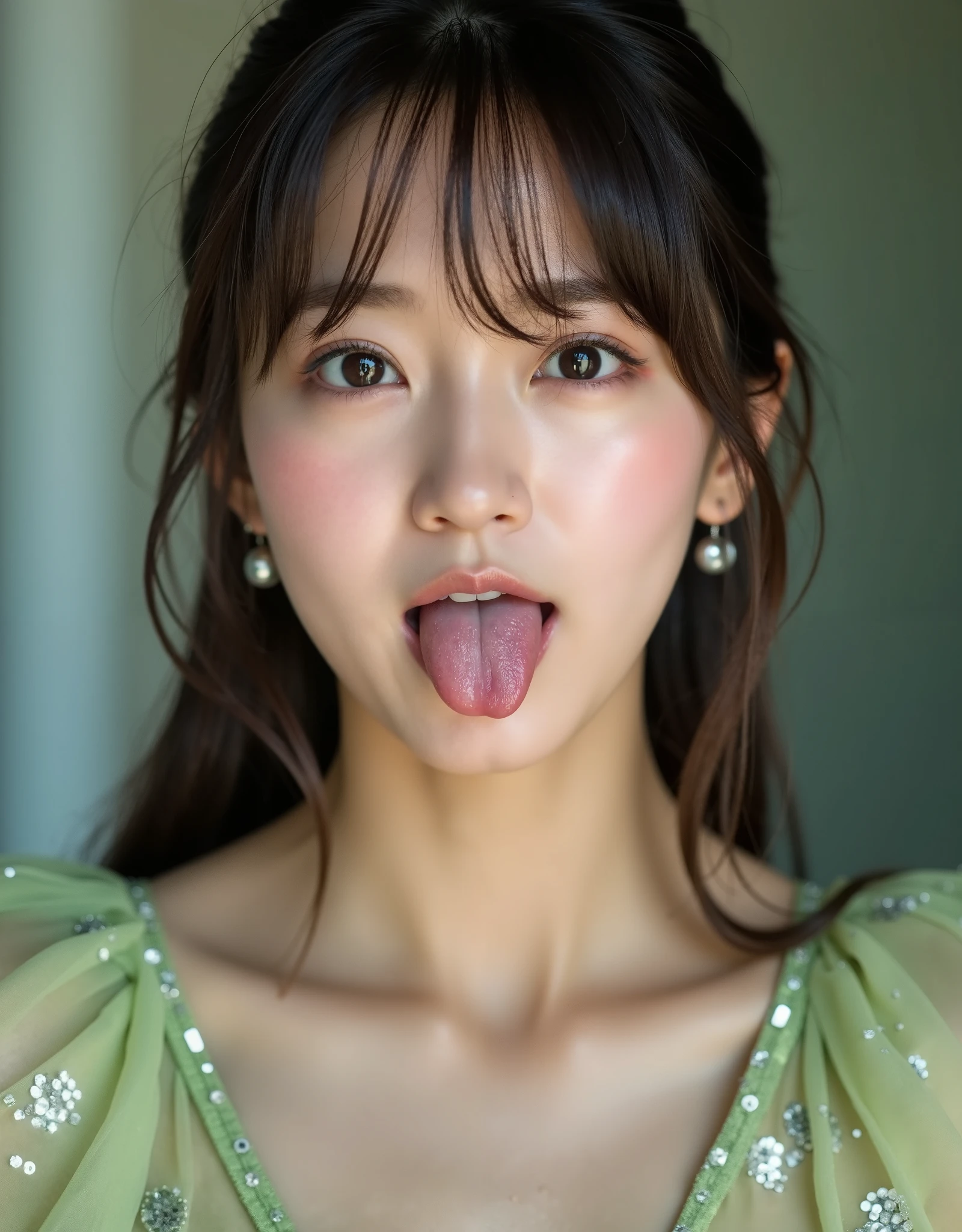 Picture of a woman's face 、( sharp focus ), From below, ( please kneel and look upward:1.10), ((Open your mouth:1.6)), ( stick out your tongue:1.8), (Ultra-detailed beautiful faces:1.10), (Ultra-detailed beautiful slim body:1.9), 21 years old, ( Super Detailed Beautiful Japanese Beauty Female Idols:1.7), ( troubled face:1.3), Woman in the center of the image, break,  photorealistic,  hyperrealism,  portrait of young adorable Japanese face, Japanese facial features,  Young and Cute Skinny Oriental Faces,  Bust Up Shot, 可愛いの顔21 years oldアイドル,  beautiful Japanese girl's face , Japanese facial features,  she has a lovely look , ( Light Green Sparkling Evening Dress :1.5), 