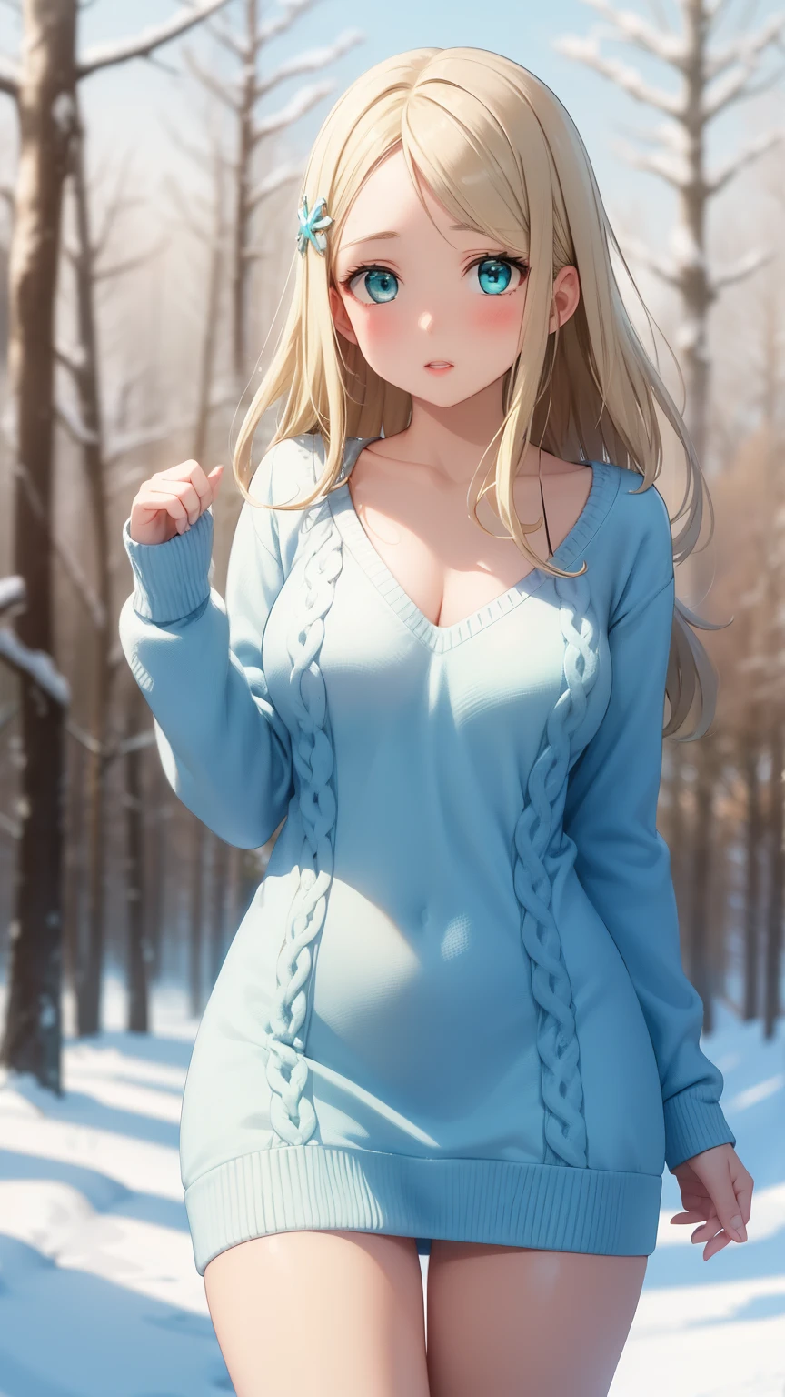 masterpiece, best quality, highly detailed, ultra high res, ayase arisa, 1girl, solo, hair ornament, long blonde hair, glossy lips, medium breasts, aqua eyes, snowy forest, knit v-neck sweater dress