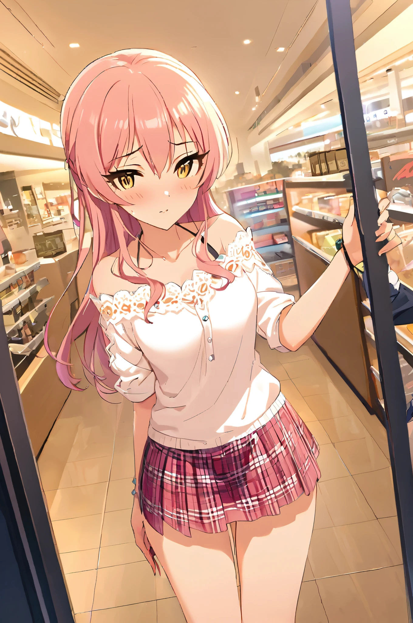 NSFW,masterpiece,Best Quality, Kampala, very detailed ,Mika Jougasaki \( The Idolmaster Cinderella Girls\),Pink Hair、 yellow eyes,(Sex slave), casual, off shoulder, miniskirt in length,blush, Shopping Mall