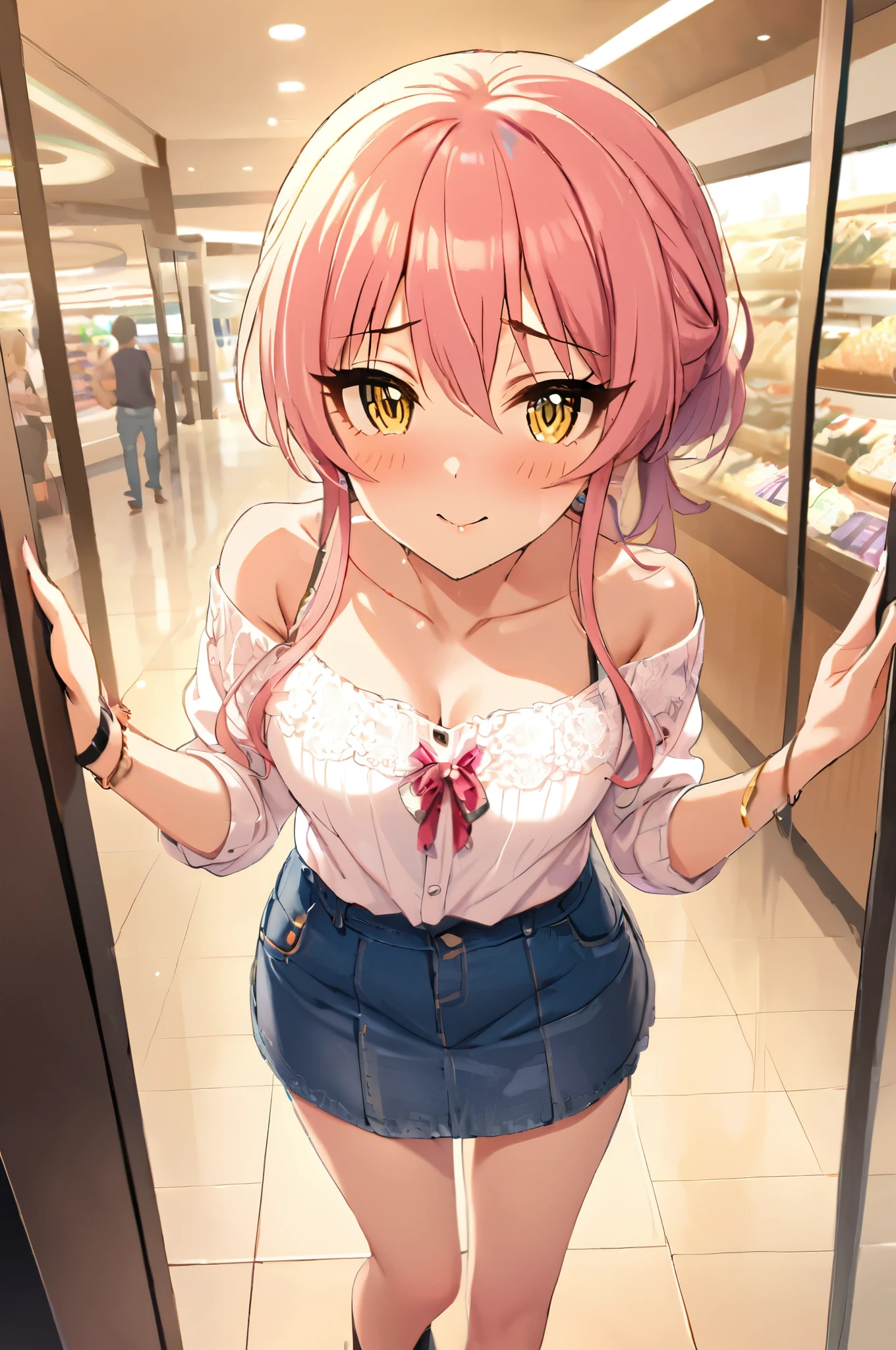 NSFW,masterpiece,Best Quality, Kampala, very detailed ,Mika Jougasaki \( The Idolmaster Cinderella Girls\),Pink Hair、 yellow eyes,(Sex slave), casual, off shoulder, miniskirt in length,blush, Shopping Mall