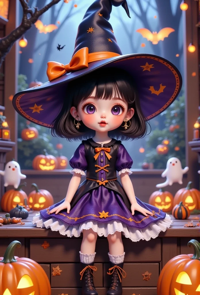 a close up of a doll sitting on a table with pumpkins, a picture by Jin Homura, pixiv, digital art, witch girl, cat witch, nendoroid, nendoroid 3 d, 🍂 cute, classical witch, in a halloween style, style as nendoroid, witch fairytale, wearing black witch hat, witch, cute anime catgirl