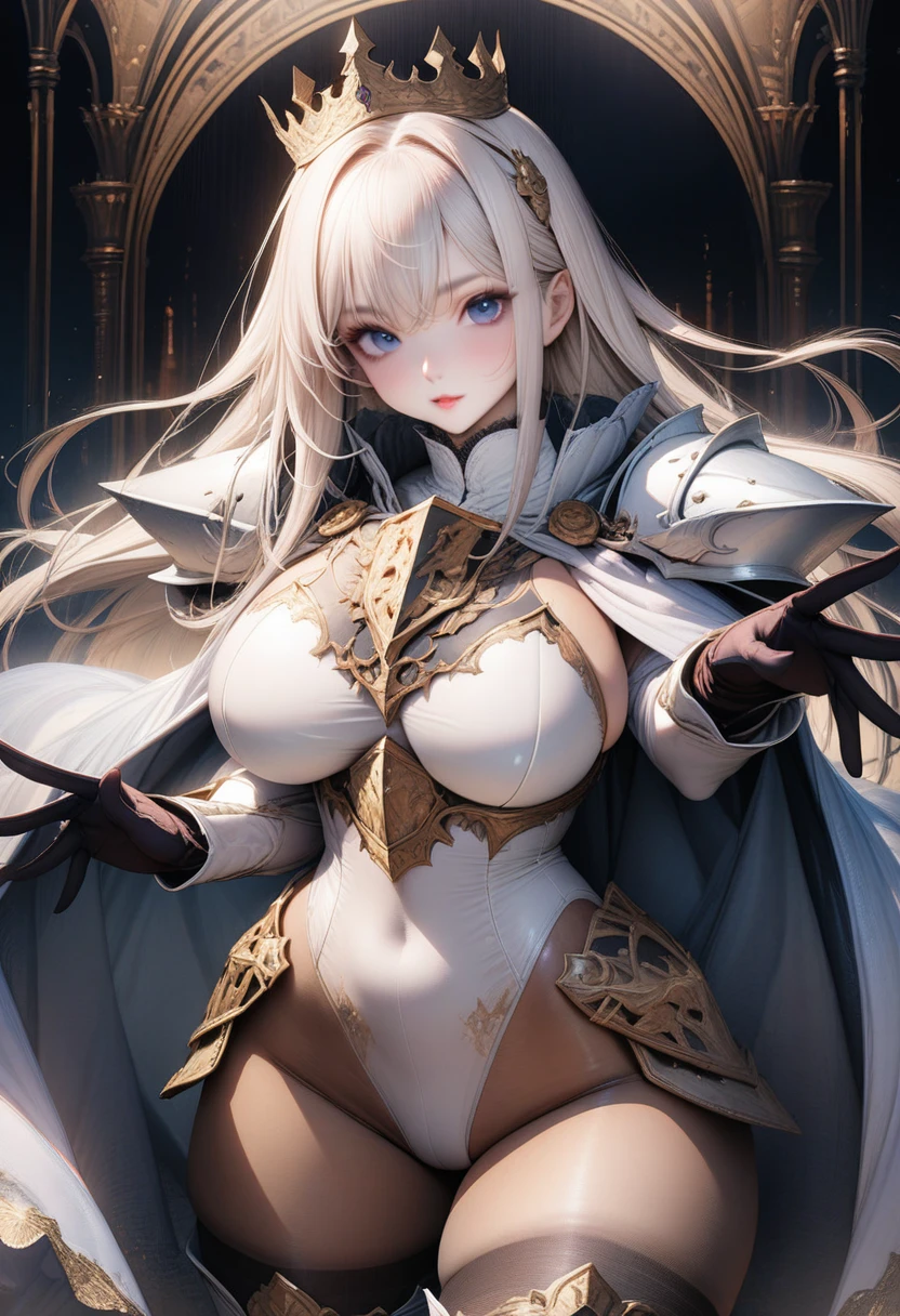 ((highest quality)), ((masterpiece)), ((hyperrealistic)), (solo), 1girl, ((curvy)), ((Tight and digging into the skin: 1.2)), perfect face, ((Azur Lane)), ((armored dress)), ((white paladin armor)), ((skin-tight pantyhose leotard: 1.4)), ((white knight armor breastplate)), ((skin-tight black Investigator Bodystocking)), ((large pauldron)), (white long gauntlet gloves), ((light blonde hair straight long hair)), ((Big chest that looks like it's going to burst under pressure)), (pantyhose thighs), ((Knee-high boots on the white tight skin that digs into it)), (high heel boots), ((see through cleavage cutout)), Coat of arms leotard, zettai ryouiki, Perfect and beautiful dark blue eyes, Perfect hands, perfect fingers, luxurious goldsmith one hand spear, holding a spear, prepare a spear, makeup, cowboy shot, spear stuck in the ground