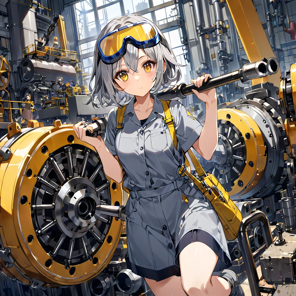 A girl wearing gray work clothes、Big goggles on the head、 yellow eyes、Gray Hair、Machine shop、Complex piping、((Repairing large machinery))