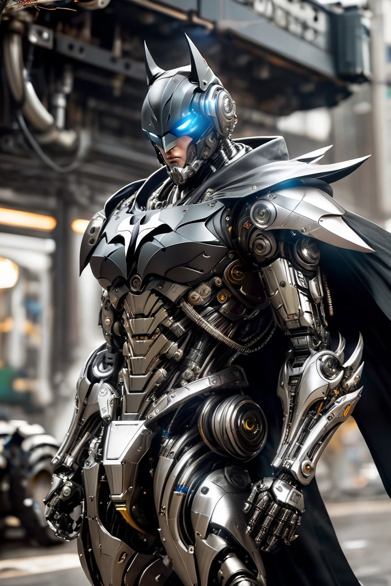  Mechanical Batman Special , Light Black Armor , With glossy silver metal armor, Wears smooth black armor,Smooth Silver Metallic Cloak ,whole body machinery,Mechanical Empire , Cyberpunk Mechanic Soldier , Mechanical Forces ,whole body machinery,Full body photo,Full body close-up , Fully Mechanical Cyberpunk City